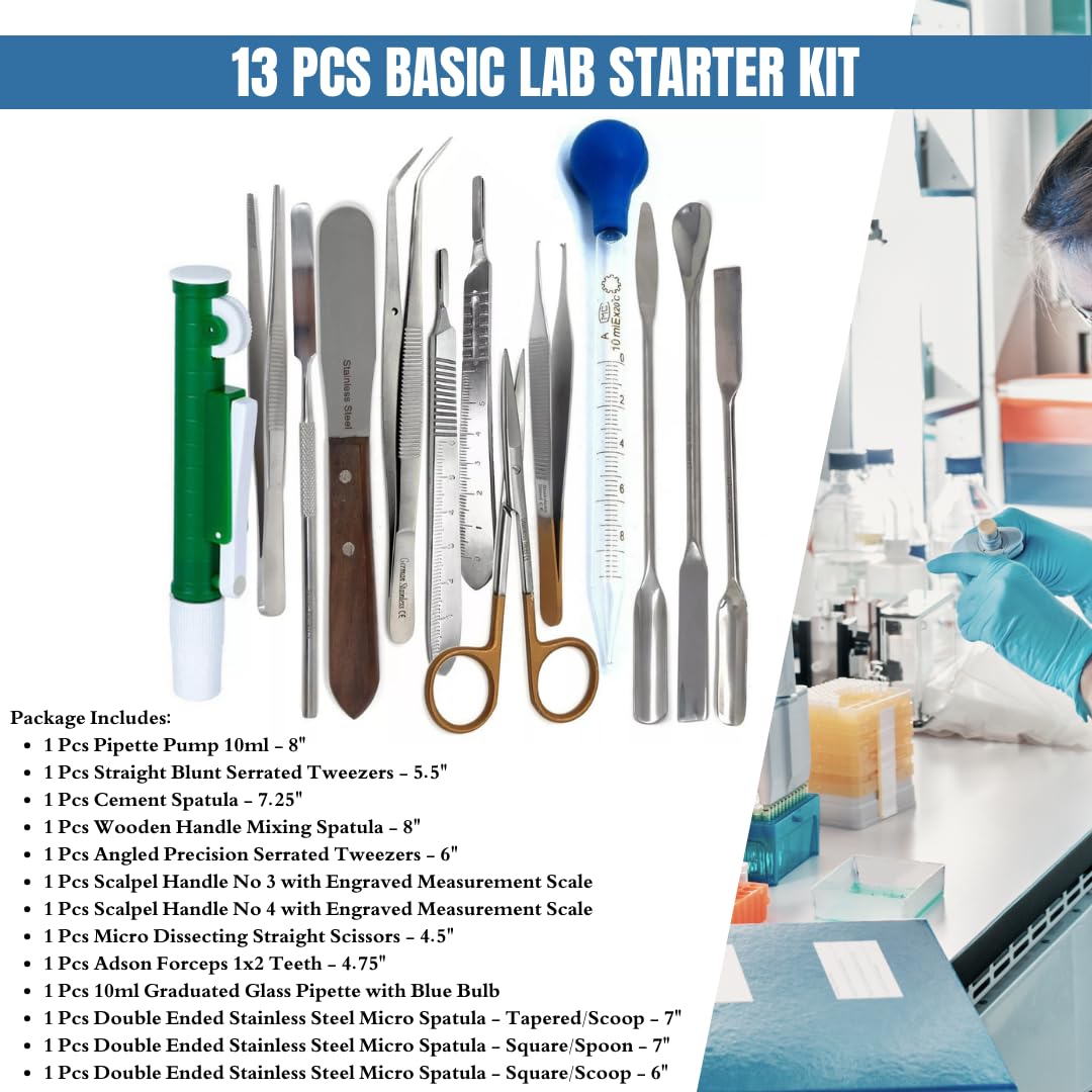 Multifunction Scientific Lab Tools Kit Biology Chemistry Set includes Stainless Steel Micro Sampling Spoon Scoop Spatulas, Forceps, Scissors, Scalpel Handle, Glass Pipettes, Pipettor Pump - 13Pcs