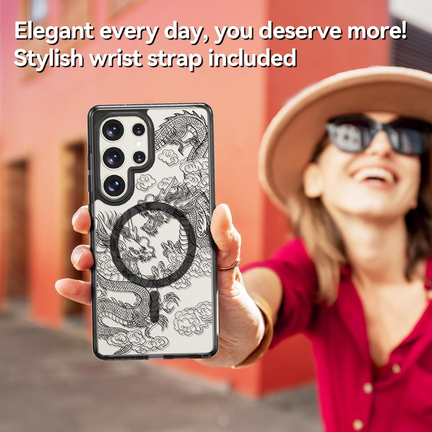 Rosarnnah Magnetic for Samsung Galaxy S25 Ultra Magsafe Case Cute Aesthetic - Durable Shockproof 6.6 ft Drop Impact Phone Case Cover with Funny Fashion Dragon Design 6.9" Black