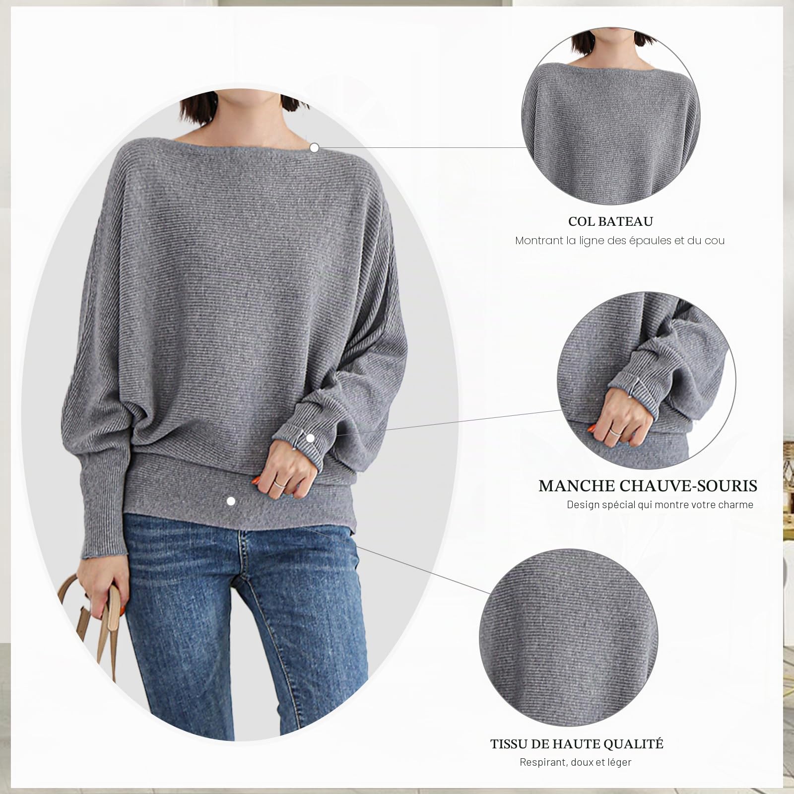 Qin Derdom Pull Chauve-Souris pour Femme - Pull Côtelé Ample Taille Unique avec Col Bateau, Pull Surdimensionné avec Manches Longues Dolman