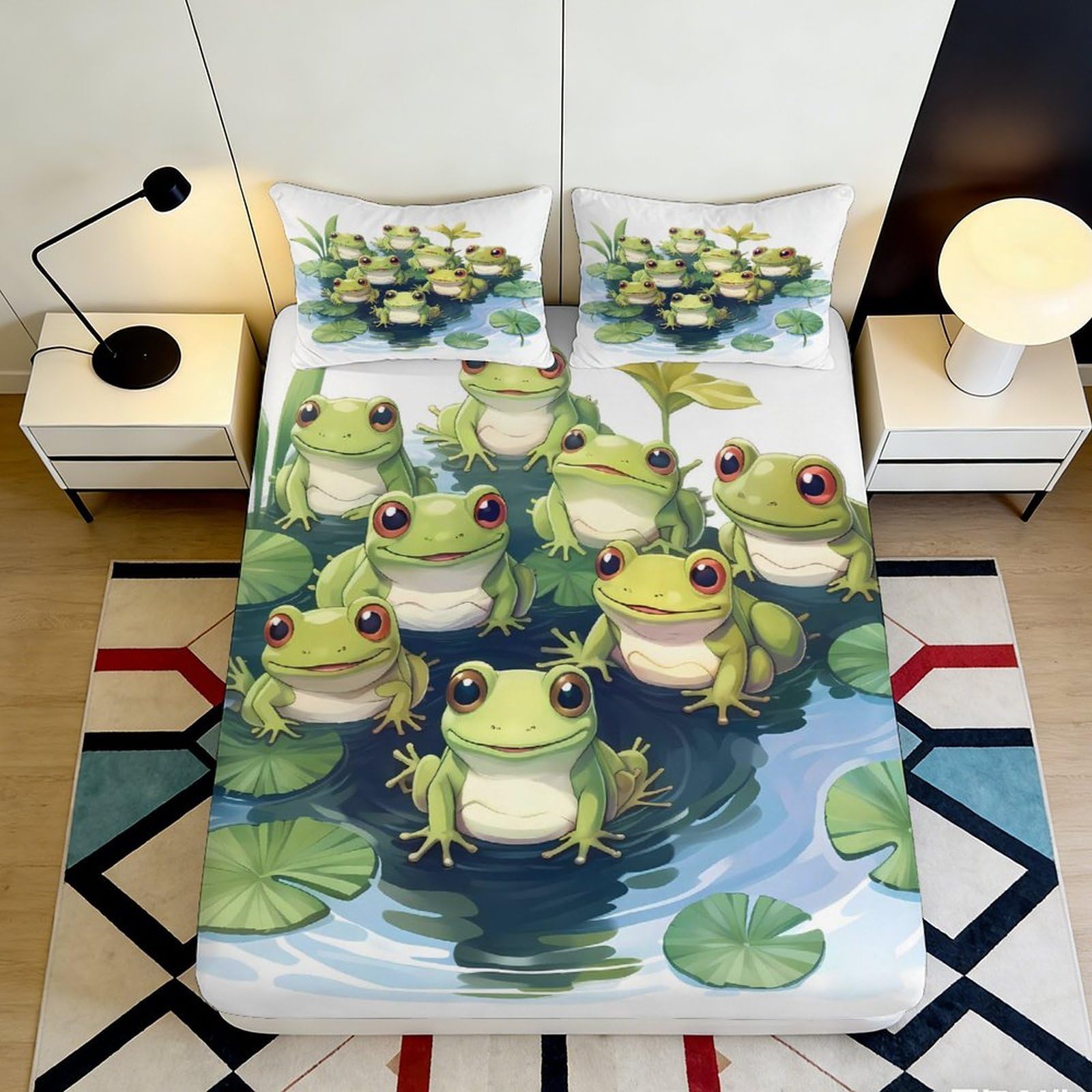 3D Printed Cartoon Frog Pond Fitted Sheet Microfiber Anti-Slip Bed Cover for Bedroom Dorm Mattress Decor 90x200x25cm