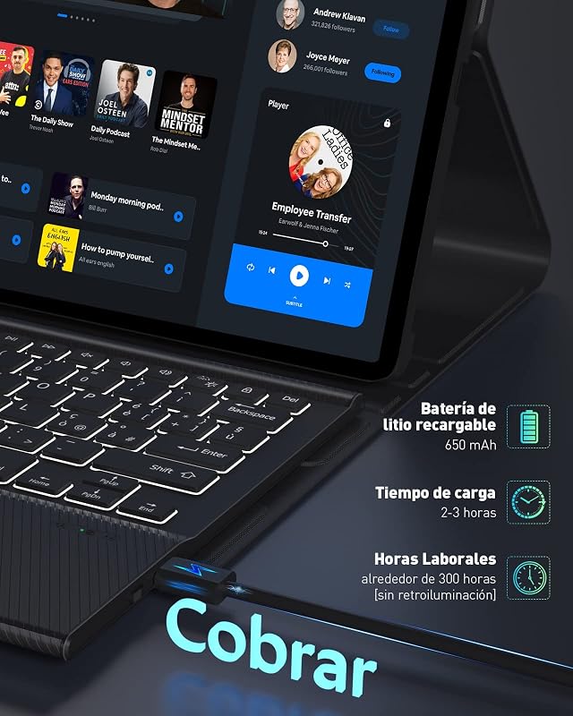 Doohoeek Bluetooth Billentyűzet Tok Samsung Galaxy Tab S8+ 12.4''/S7 FE 2021/S7+ 2020 Tablethez, 7 Színű Háttérvilágítással, Fekete - S8 Plus