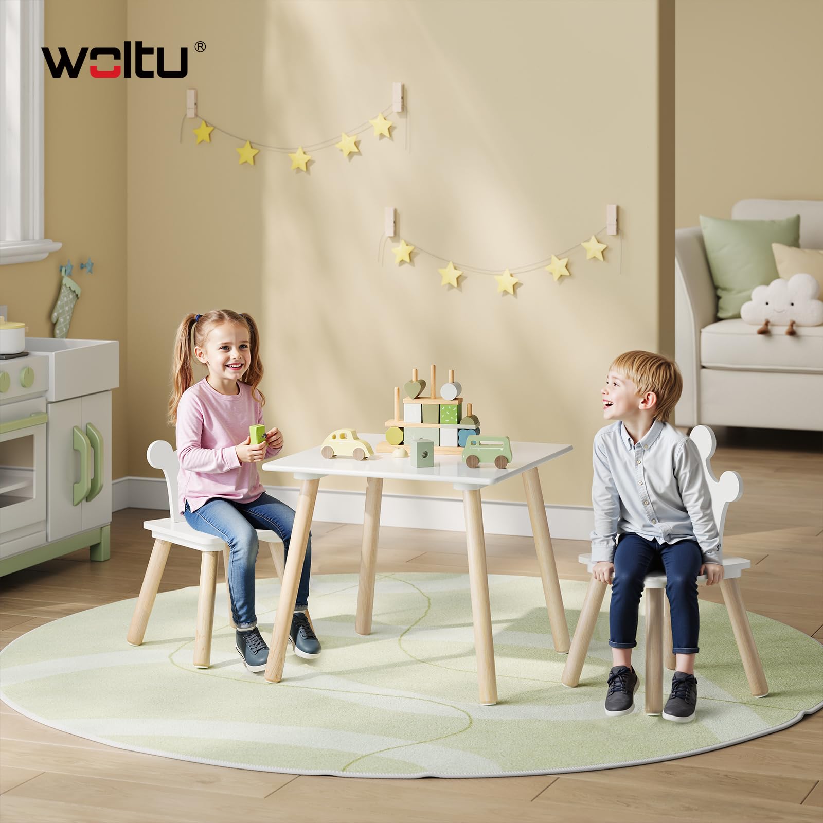 WOLTU WOTU Mesa Infantil con 2 Sillas para Niños, Blanco + Roble Claro