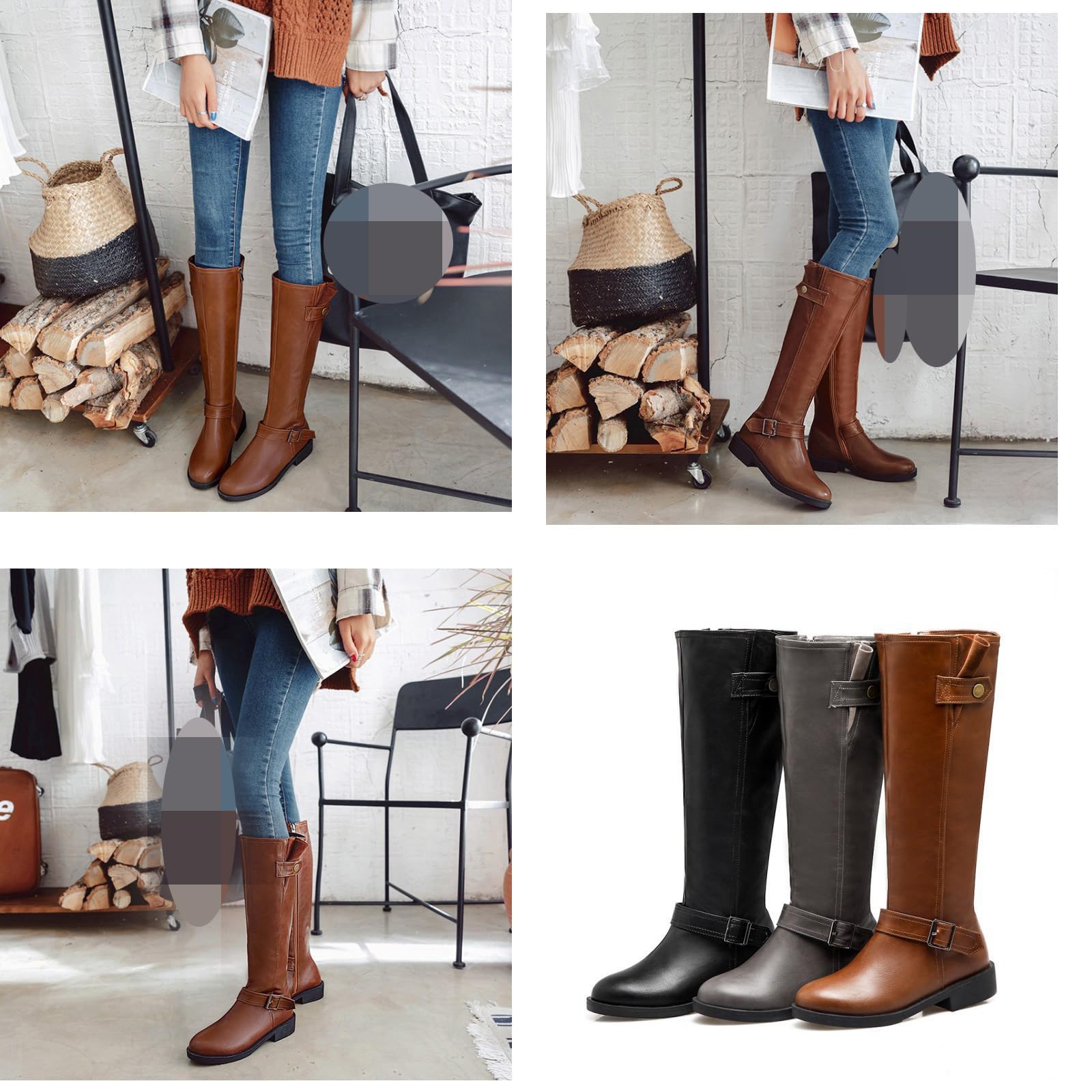 Mujeres Flat Biker Botas Media de la Pantorrilla de la Rodilla Alta Montar Botas largas Gruesas Botas de Moto de tacón bajo con Cremallera Lateral