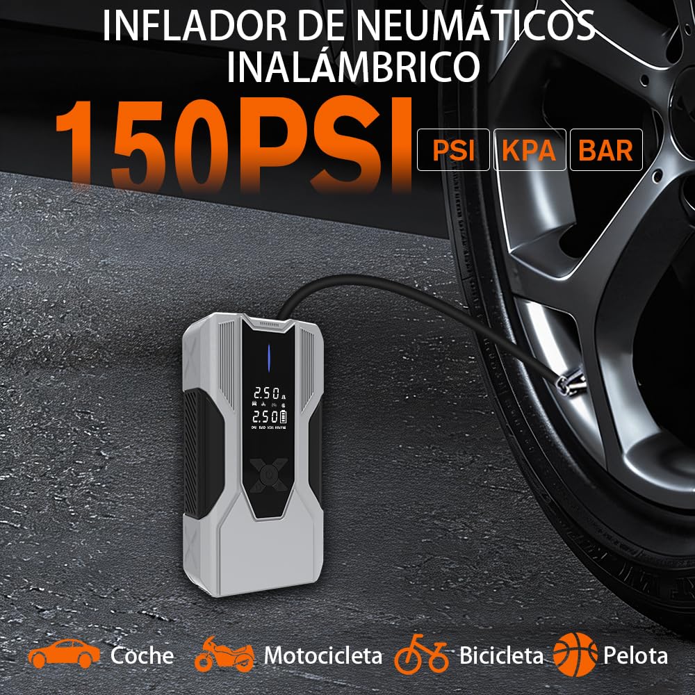 AWESAFE 12000Mha Inflador de Neumáticos 150PSI con Arrancador de Baterias de Coches (Todo Gasolina o 10L Diésel), Compresor de Aire Portátil para Coche con Pantalla LCD, Luz de Emergencia