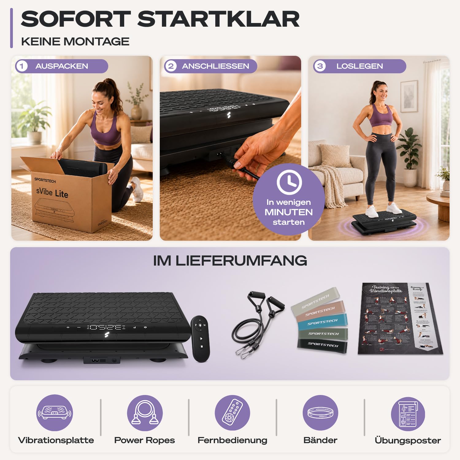 Sportstech Vibrationsplatte für Zuhause | Abnehmen, Fettverbrennung & Muskelaufbau | Oszillation, 99 Intensitätsstufen, Bluetooth-Fernbedienung | leiser Motor bis 120 kg | Trainingsbänder | sVibe Lite