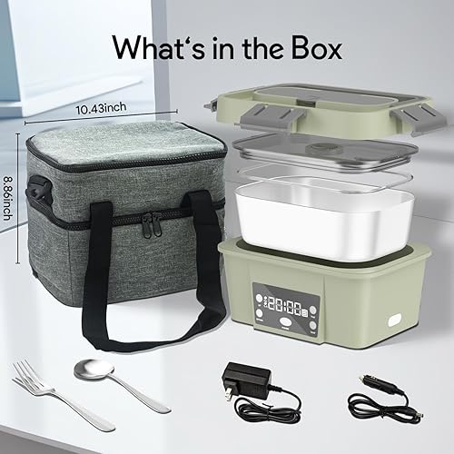 Miniatura 6 de Fiambrera eléctrica, calentador automático de alimentos de 6.75 tazas (212 °F), contenedor de comida portátil recargable para oficina, viajes, Verde