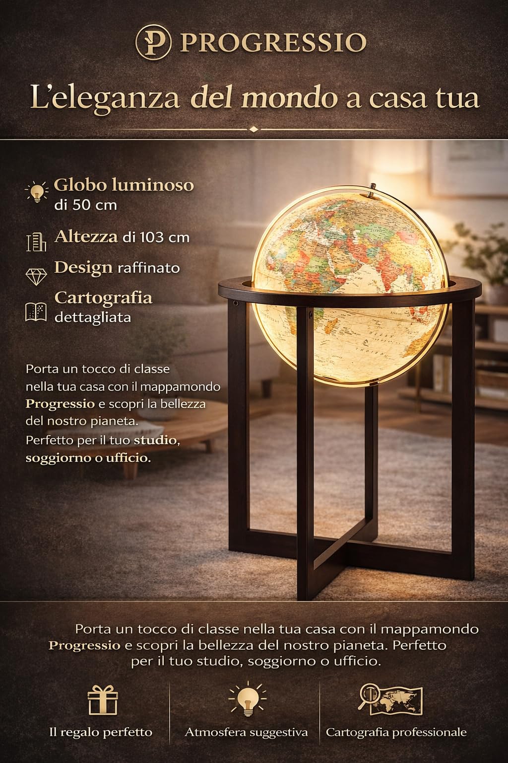 Mappamondo da Terra Luminoso, Stile Antico, Base in Frassino, Diametro 50 cm, Altezza 103 cm Cross Antique - Progressio