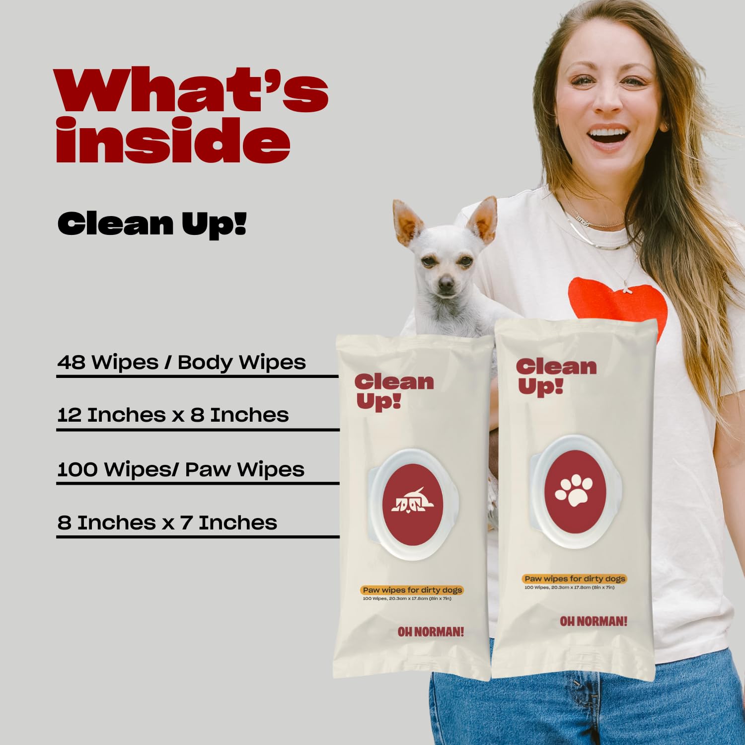 OH NORMAN! Toallitas Clean Up Paw para perros (8 x 7) de Kaley Cuoco, toallitas suaves para el aseo de mascotas, a base de plantas y sin perfume, 100 unidades