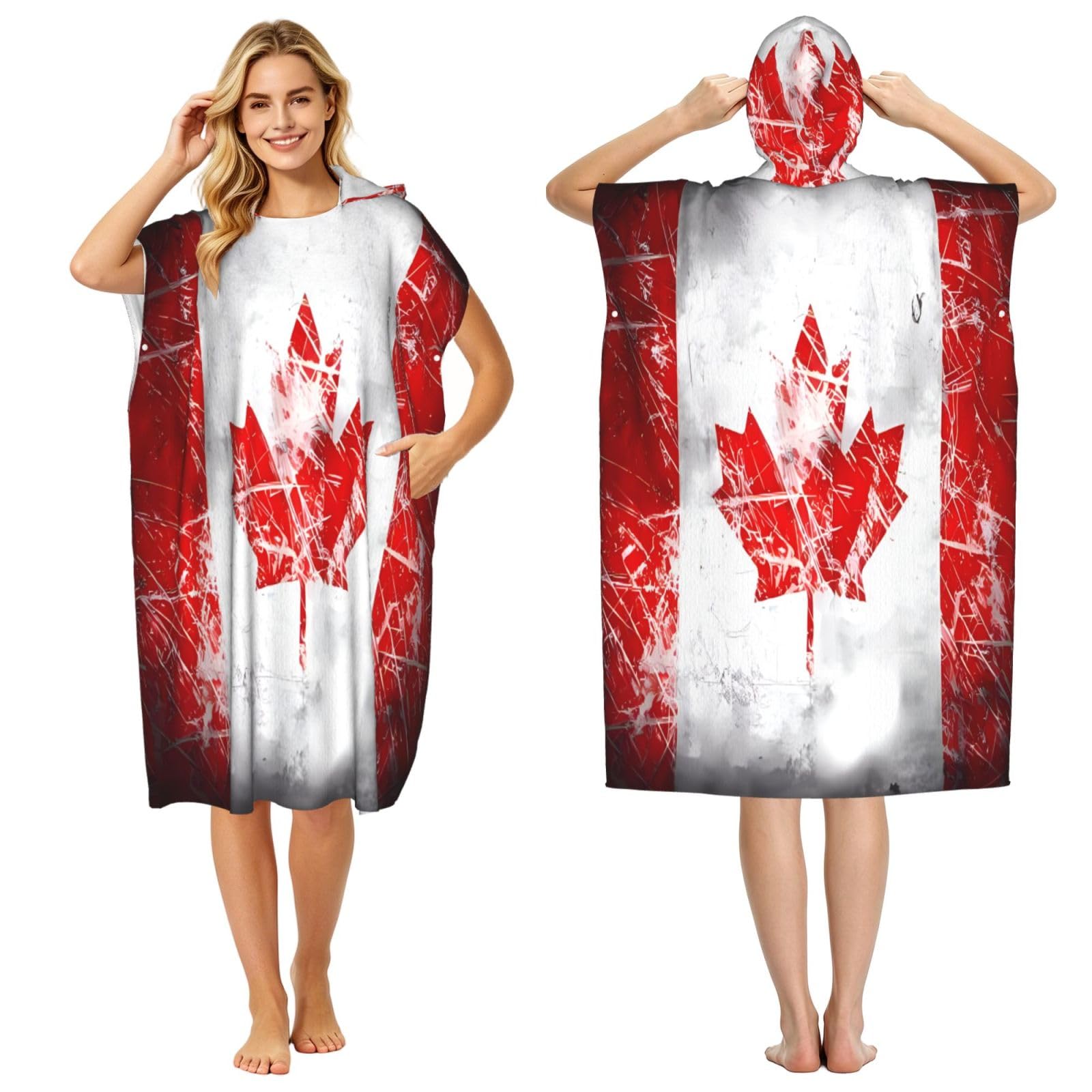 KLGRTJHK Retro Canada Flag Adult Hooded Beach Poncho Towel 43"X35"