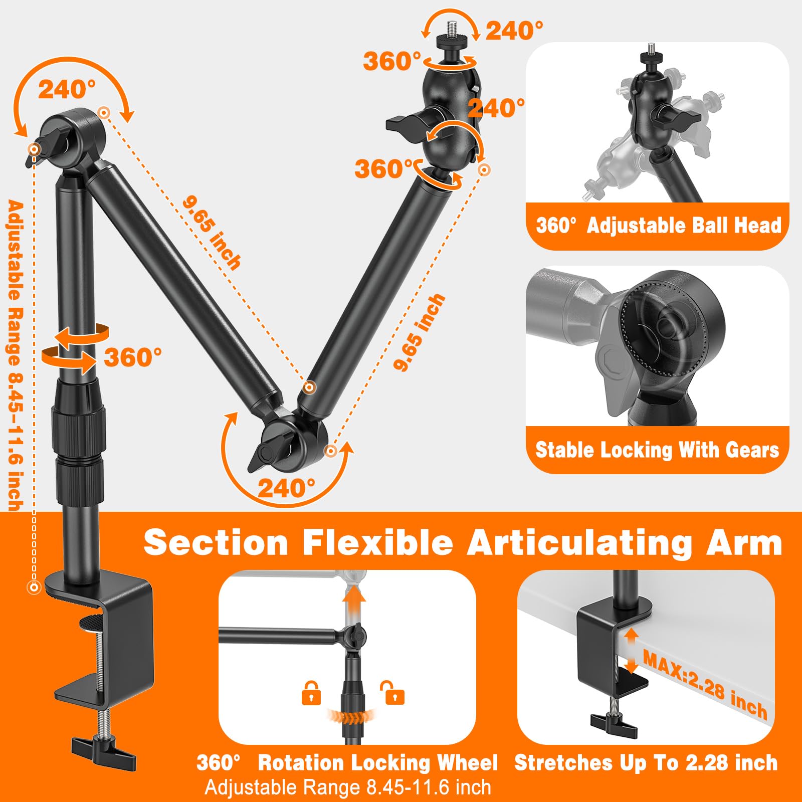 Kamera Tischhalterung, Overhead Kamera Tischstativ mit 1/4" Schraube, Schreibtisch Webcam Ständer Licht Ständer für DSLR Kameras, Webcam, Ringlicht, Projektor, Max. Belastung 3 kg