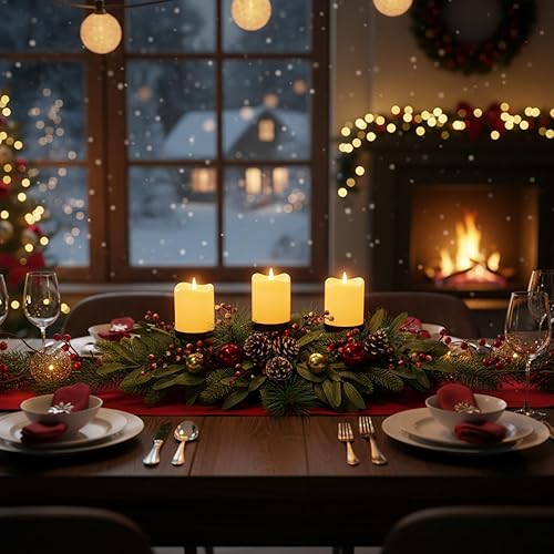 Miniatura 5 de Portavelas de Navidad, decoración de Navidad, 3 portavelas con piñas flocadas de nieve, ramas de cedro, agujas de pino, bayas, adorno de hojas de