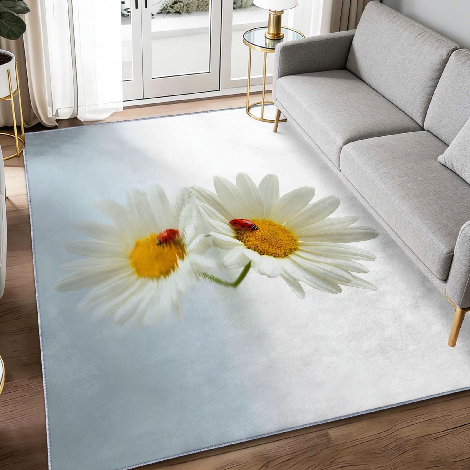 Alfombra de pelo corto lavable 180 x 240 cm Planta Margaritas Escarabajos Alfombra Salón, Fotografía suave antideslizante Moqueta para entrada interior dormitorio cocina habitación infantil