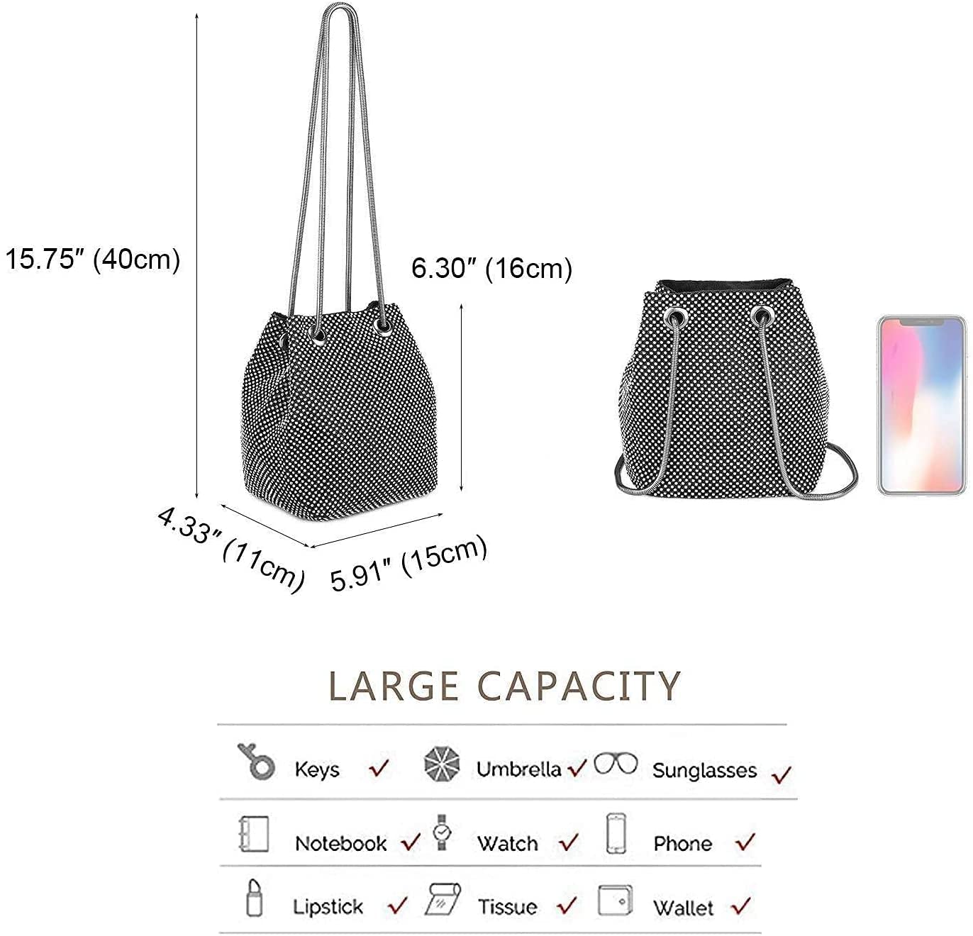 RajoNN Damen-Abendhandtaschen, Tasche, Strass-Clutch, Umhängetasche, Kettentasche, Hochzeit, Party, Disco (Silber) (Gold)
