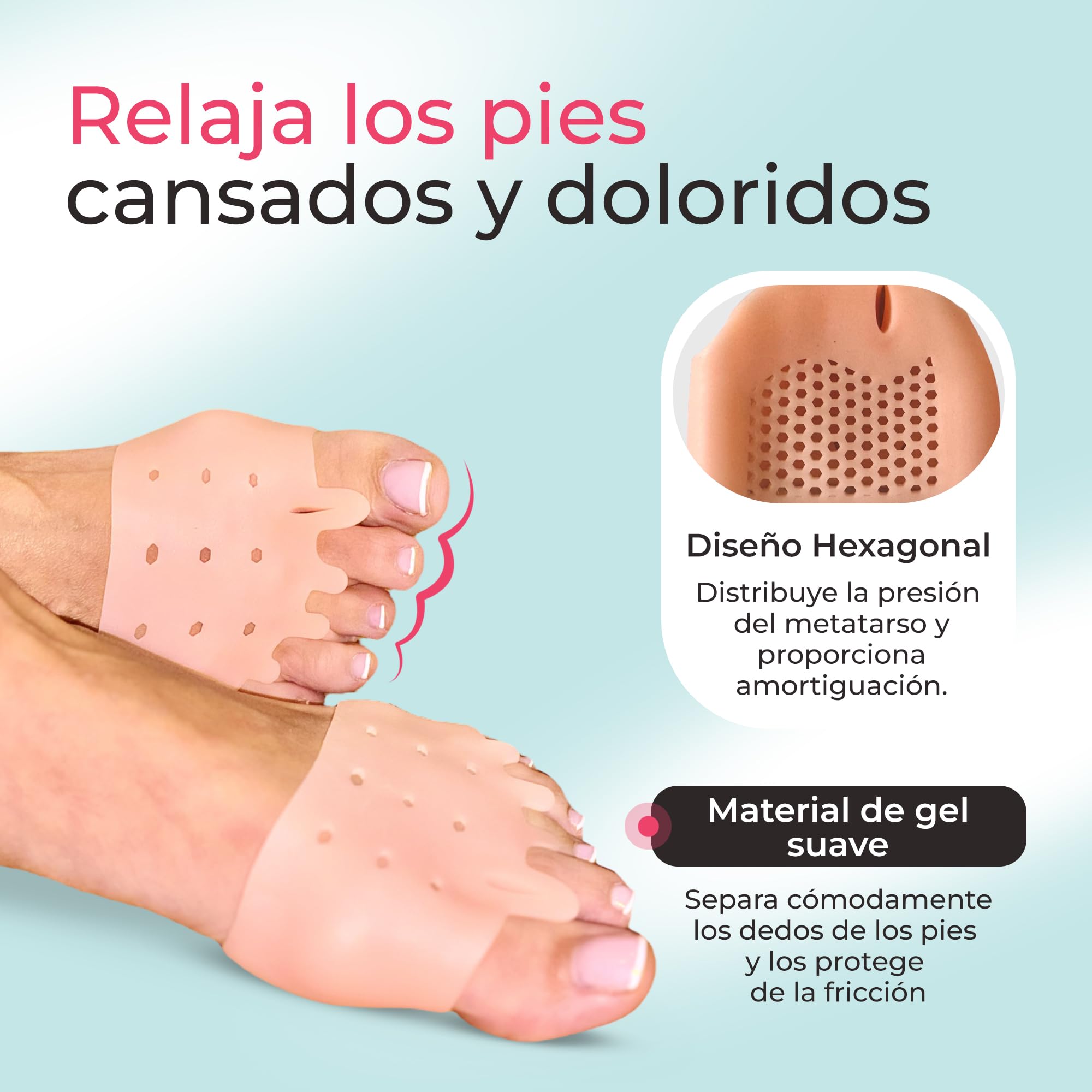 Almohadilla Metatarsiana, Separador Dedos Pie y Corrector de Juanetes, Apto Para Usar con Calcetines y Calzado, Libre de BPA, Hallux Valgus y Dedos Superpuestos, Video Ejercicios y Consejos