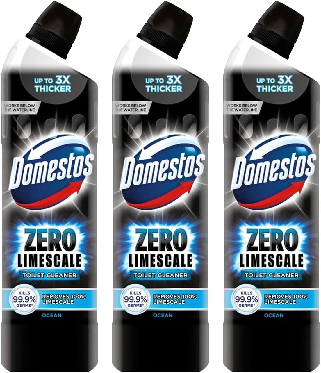 Domestos Zero Limescale Ocean Antibact Toilet Gel, 3 Packs of 750ml, Removes Dirt and Gives Zero
