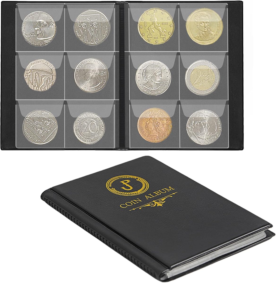 60 Pockets Coin Collection Book Holder 10 Pages 6 Pockets Per Page Black | Uncle Paul Portable Coin Album 4.5x4.5cm Pocket for Half Dollar,50 Pence,Two Pounds for Collectors CS3706BKUncle Paul Portabl