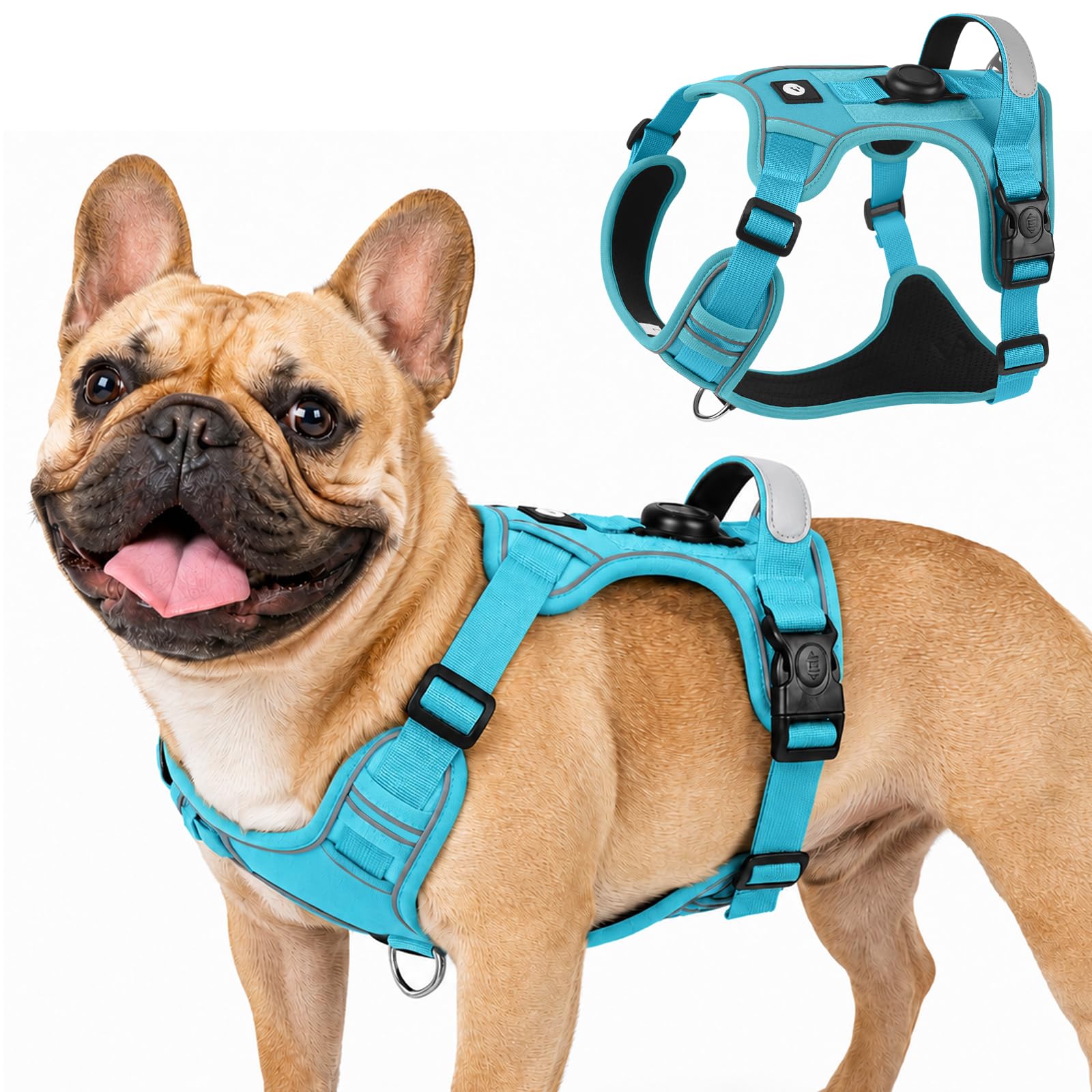 Olcyren Dog Harness with AirTag Holder for Small Medium Large Dogs, No Pull Adjustable Reflective Dog Harness with Front Clip, Anti Pull Soft No-Choke Breathable Harness with Handle (Blue, M)