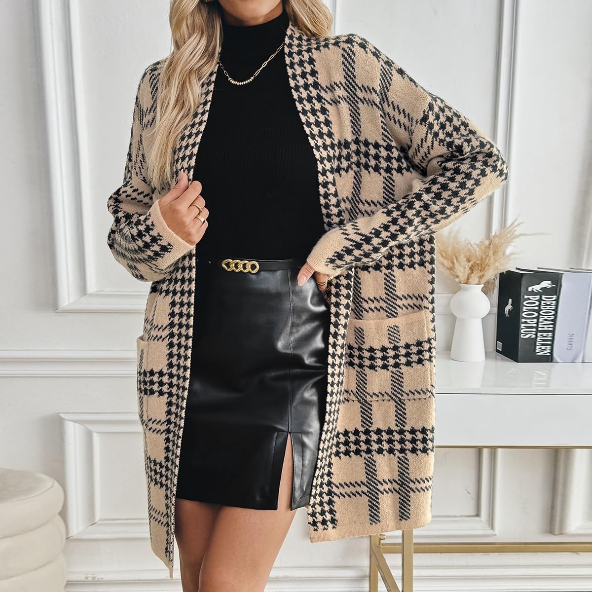SunnyMelody Womens Houndstooth Long Cardigan 2025 Fall Winter Loose Fit Open Front Outwear Casual Plaid Sweaters Cardigans - Image 4