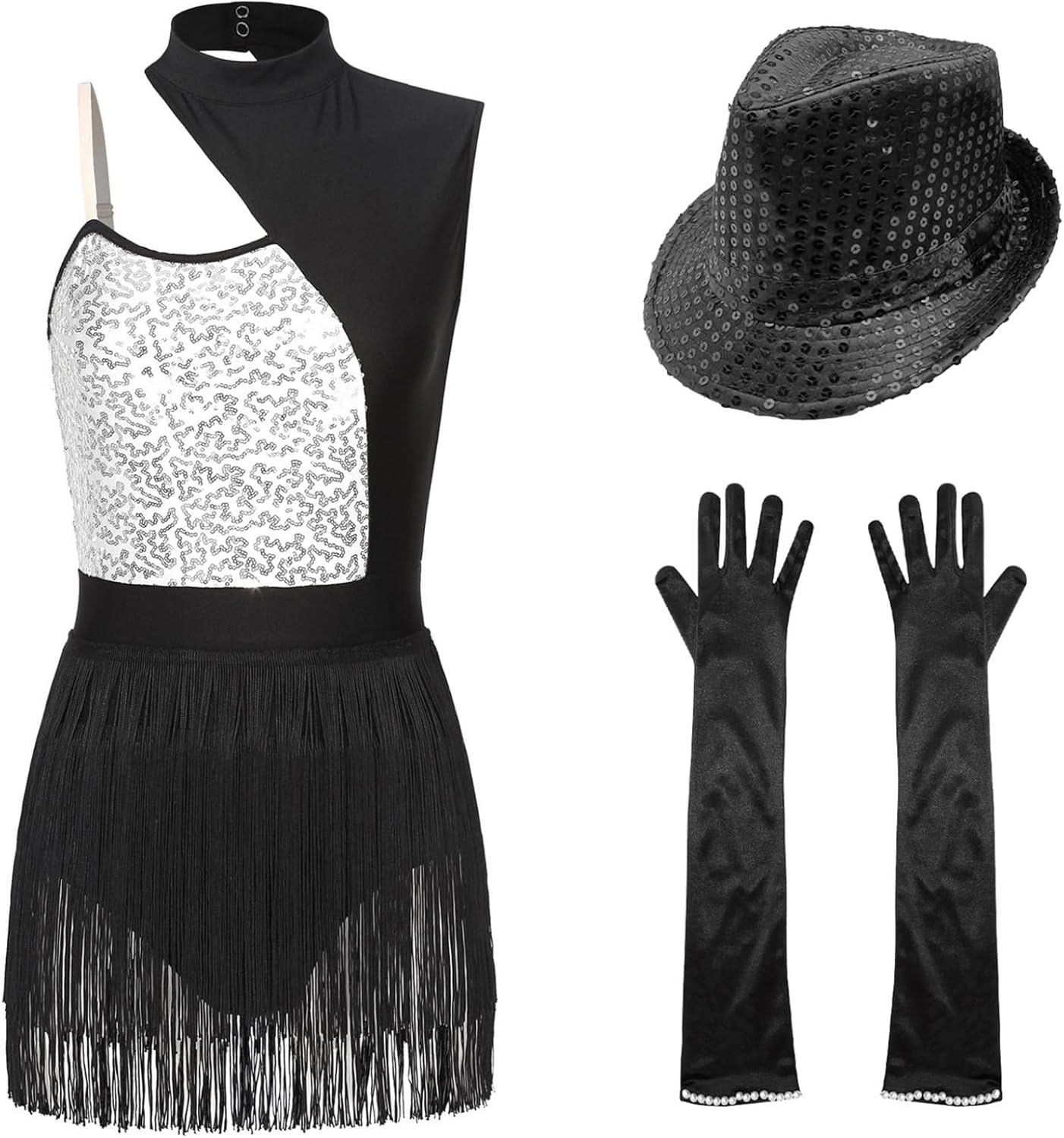 XUNZOO Women's Latin Jazz Costume Sexy Tuxedo Sequins Fringed Bodysuit Outfits with Gloves Hat