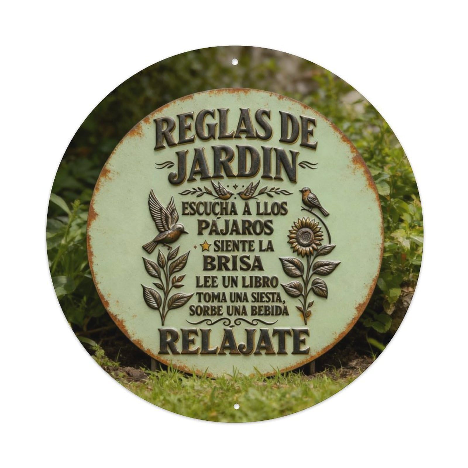 Garden Rules Listen to The Birds Feel The Breeze Read A Book Take A Nap Sip A Drink Relax Round Metal Tin Sign Vintage Wall Decor, Bar Garage Cafe Kitchen Home Wall Art Poster 8x8inches