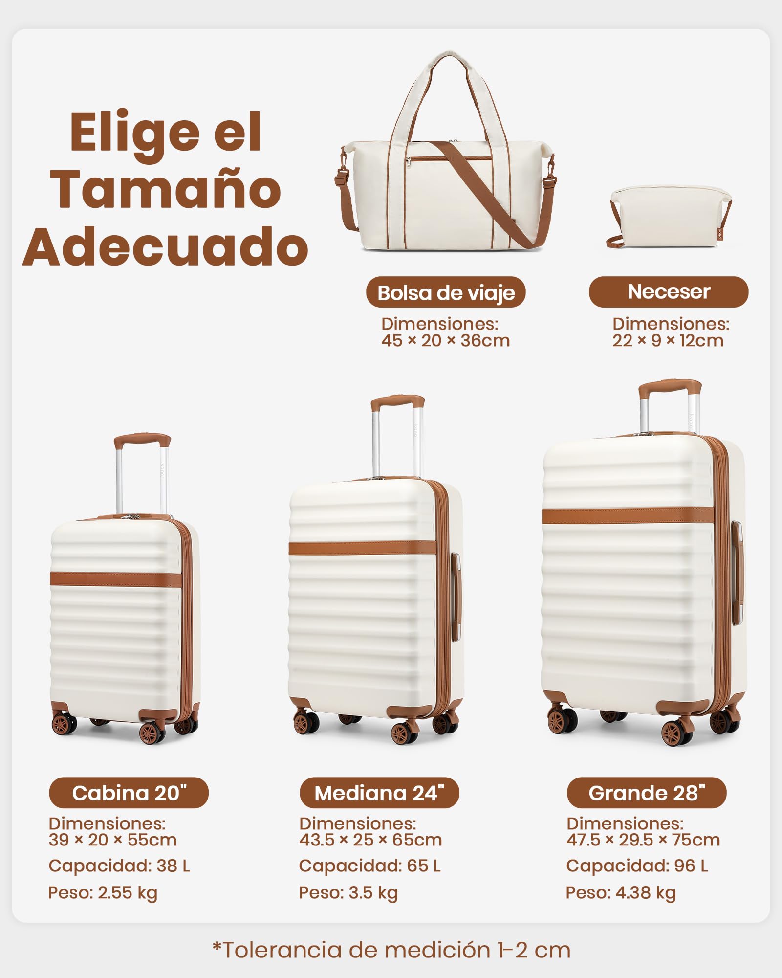 Kono Juego de Maletas con Expansión (Solo 24" y 28"), con Ruedas TPE y Cerradura TSA, más Bolsa de Viaje con Correa Ajustable y Hebilla para Carro, y Neceser, Ideal para Viajes Familiares (Crema)
