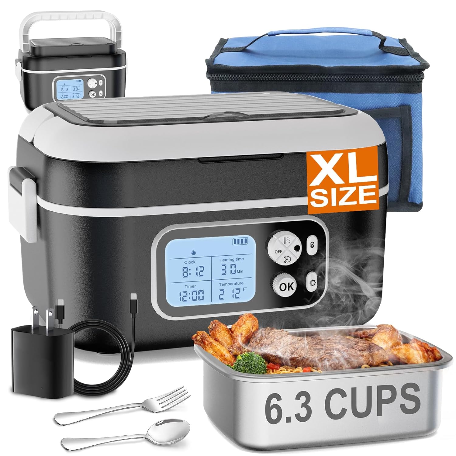 6 3-Cup Cordless Electric Lunch Box for Adults 27000mAh Heated Lunch Box For Men Battery Powered with Automatic