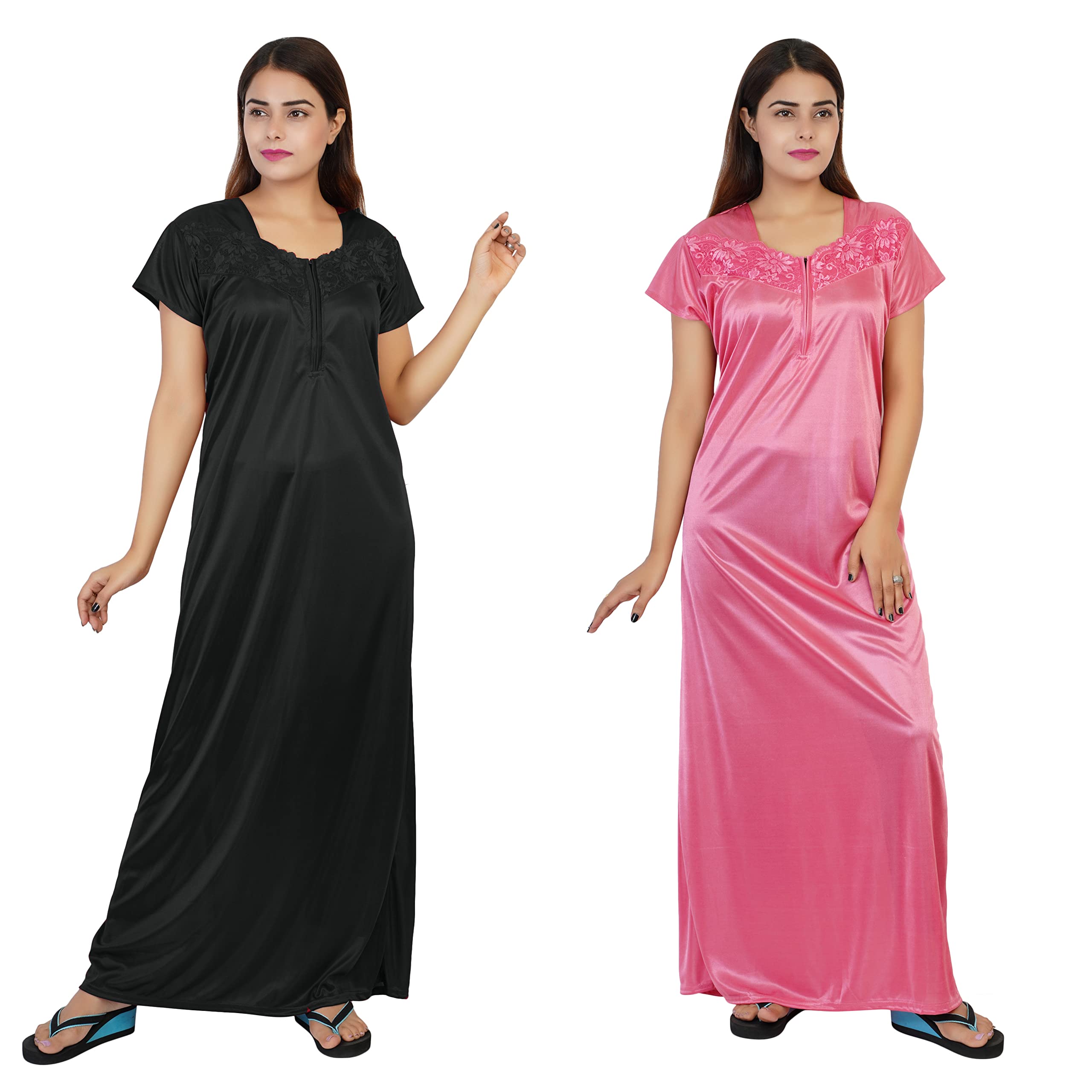 BHAVI Satin Nightgown for Women's, Long Maxi Length, Floral Lace Detail, Black and Pink (Size : L) Combo Pack of 2-image-46
