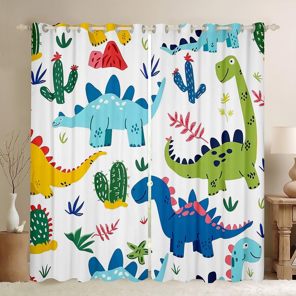 Cute Dinosaur Blackout Curtain Cartoon Dino Cactus Leaves Window Drapes, Ancient Wild Animals Theme Window Treatments, Kids Boys Room Decor, Grommet Top 2 Panel Set Bedroom Curtains, 38Wx45L inch