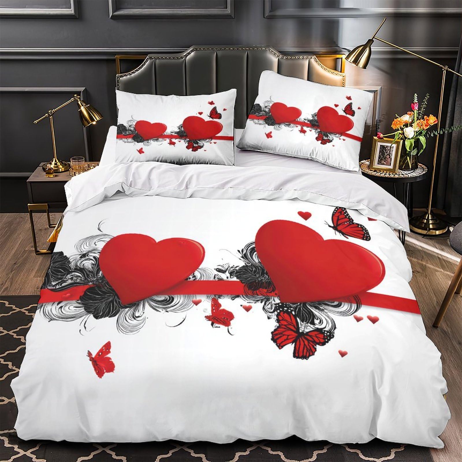 Housse de couette imprimé 3D cœurs romantiques parure de lit microfibre 140x200cm
