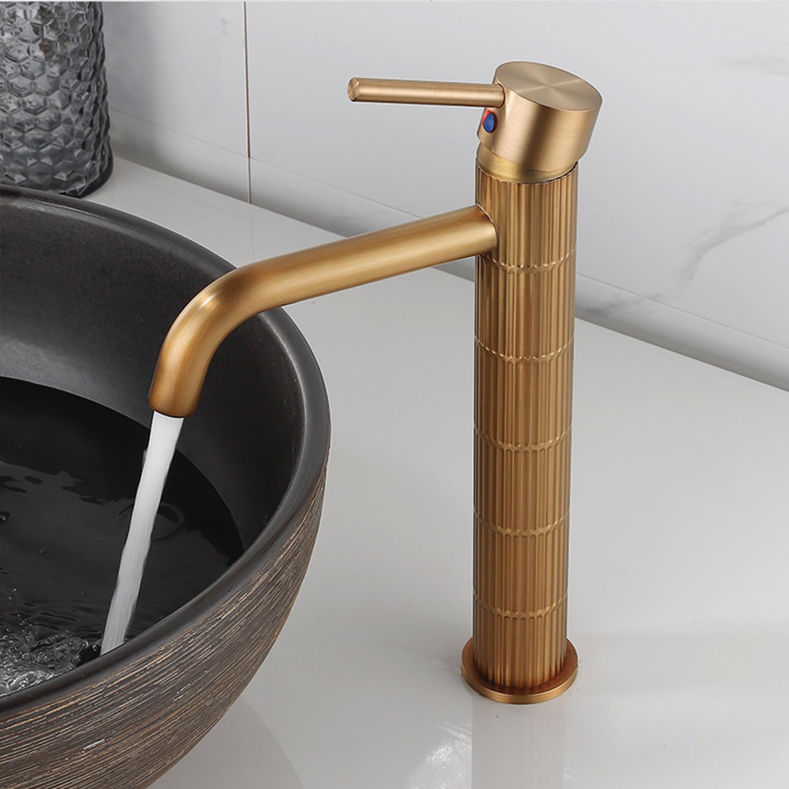 Grifo de lavabo alto monomando con cuerpo de latón, mezclador para lavabo sobre encimera, acabado vintage cepillado, cartucho cerámico (Bronce cepillado, Alto) — view 7