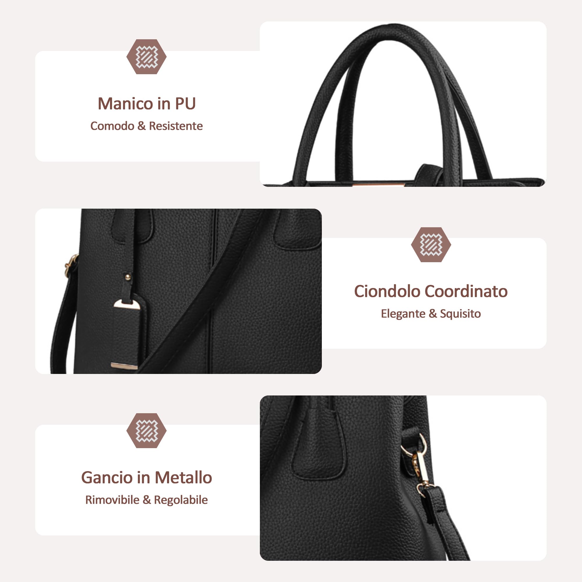 Donna Borsa a Mano Grande Capacità Tracolla Elegante Messenger in PU Pelle, Ornamenti di Moda Tote Comodo Nero
