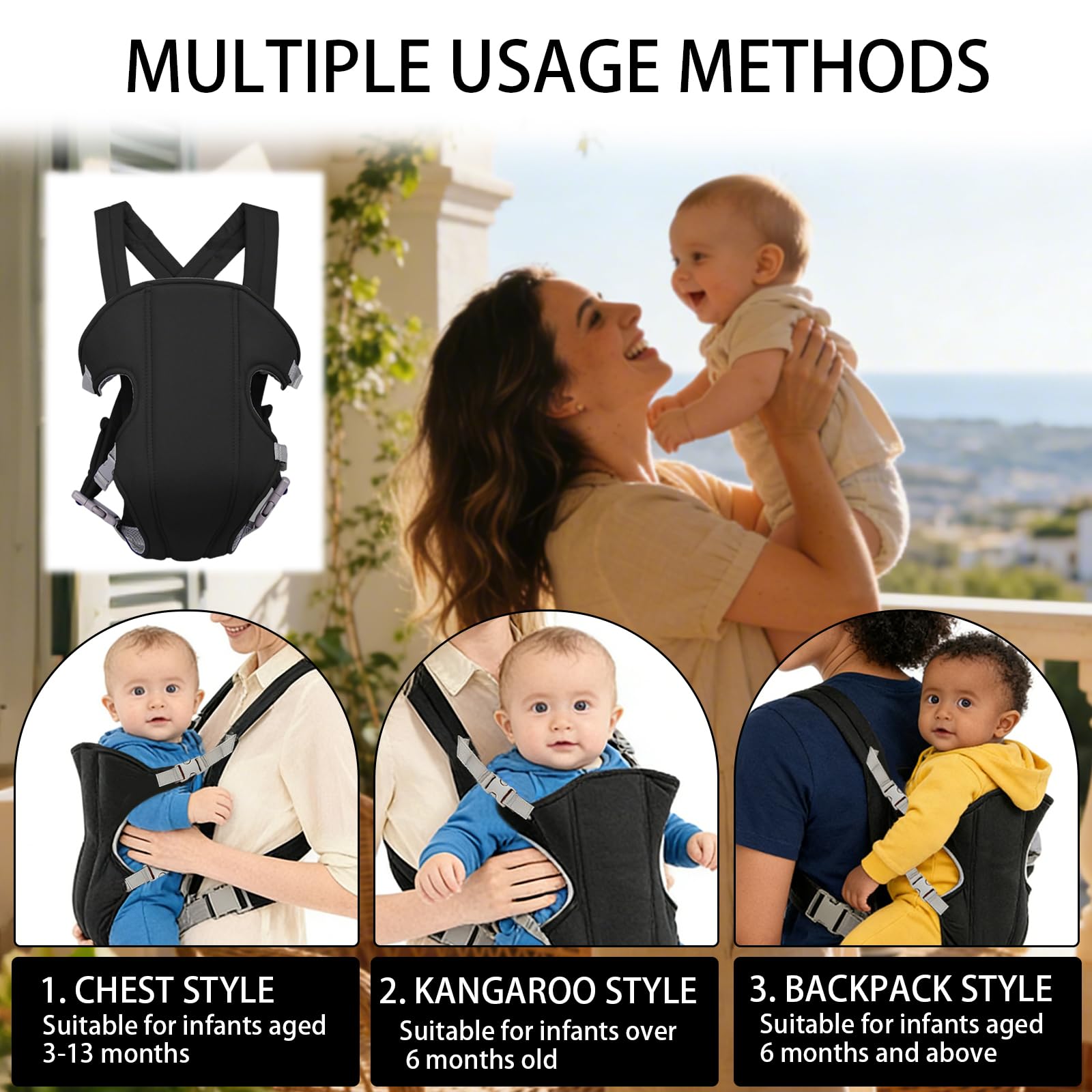 Marsupio Neonato, Regolabile Portantina Bebè,Marsupio Bambino,Regolabile Portantina Bebè per Neonato e Bambino fino a 15kg (Nero)