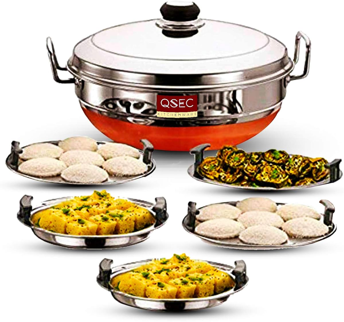 QSEC Stainless Steel Multi Kadai Idli Cooker Steamer With Copper Bottom All-In-One Big Size Dhokla Cooker | 5 Plate 2 Idli | 2 Dhokla | 1 Patra | Momo Steamer | 3 In 1 | Idli Maker Steamer, 6 Liters