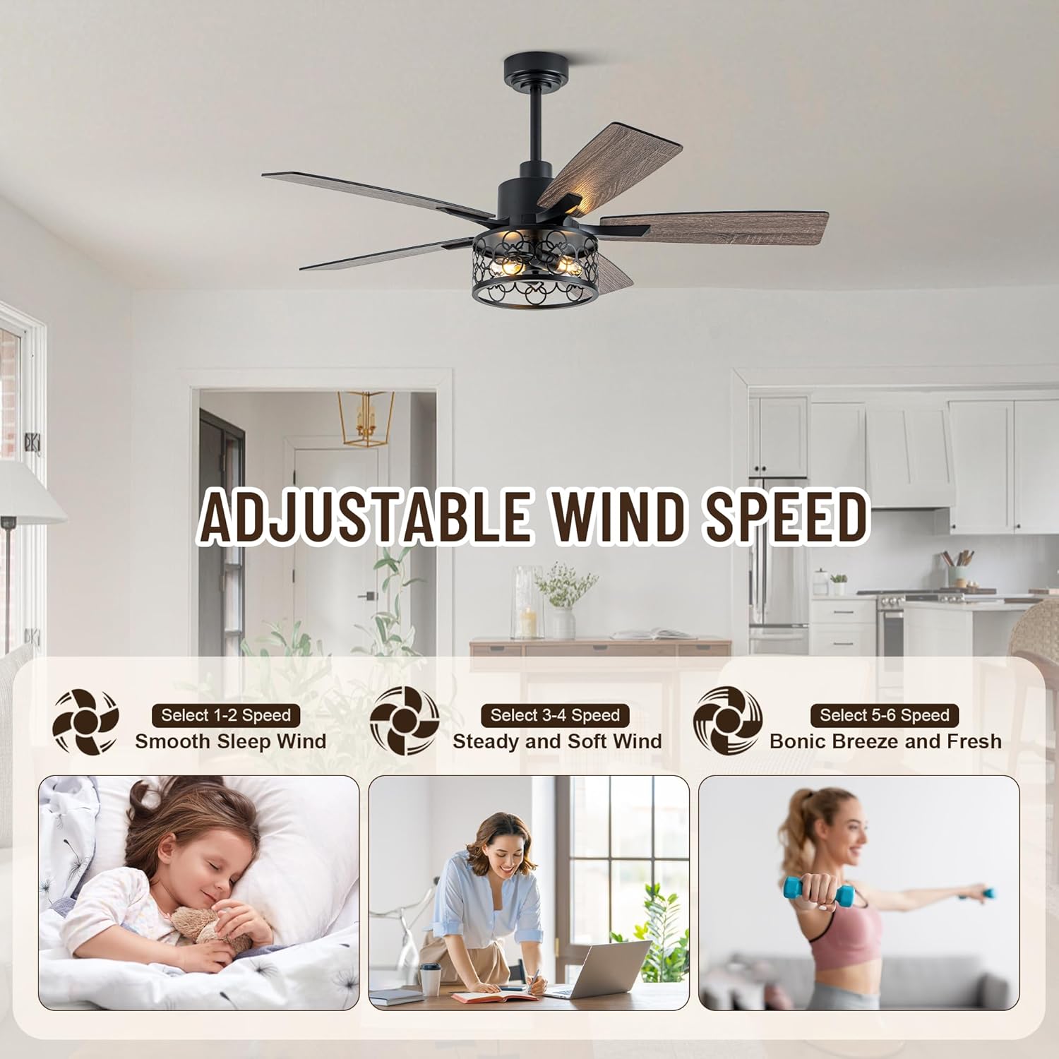 52" Farmhouse Ceiling Fans with Lights and Remote,Chandelier Ceiling Fan with Reversible DC Motor and 5 Double Finish Wood Blades,Rustic Caged Ceiling Fan for Living Room,Dining Room,Bedroom