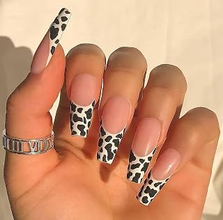 MISUD Coffin Press on Nails Long Fake Nails Glossy Glue on Nails Cheetah French Tip Acrylic Nails Ballerina Artificial Nails Cow Print Stick on False Nails with Design 24 pcs