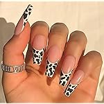 MISUD Press on Nails - Long Coffin Fake Nails with Cow Print, Acrylic French Tip Design 24 pcs