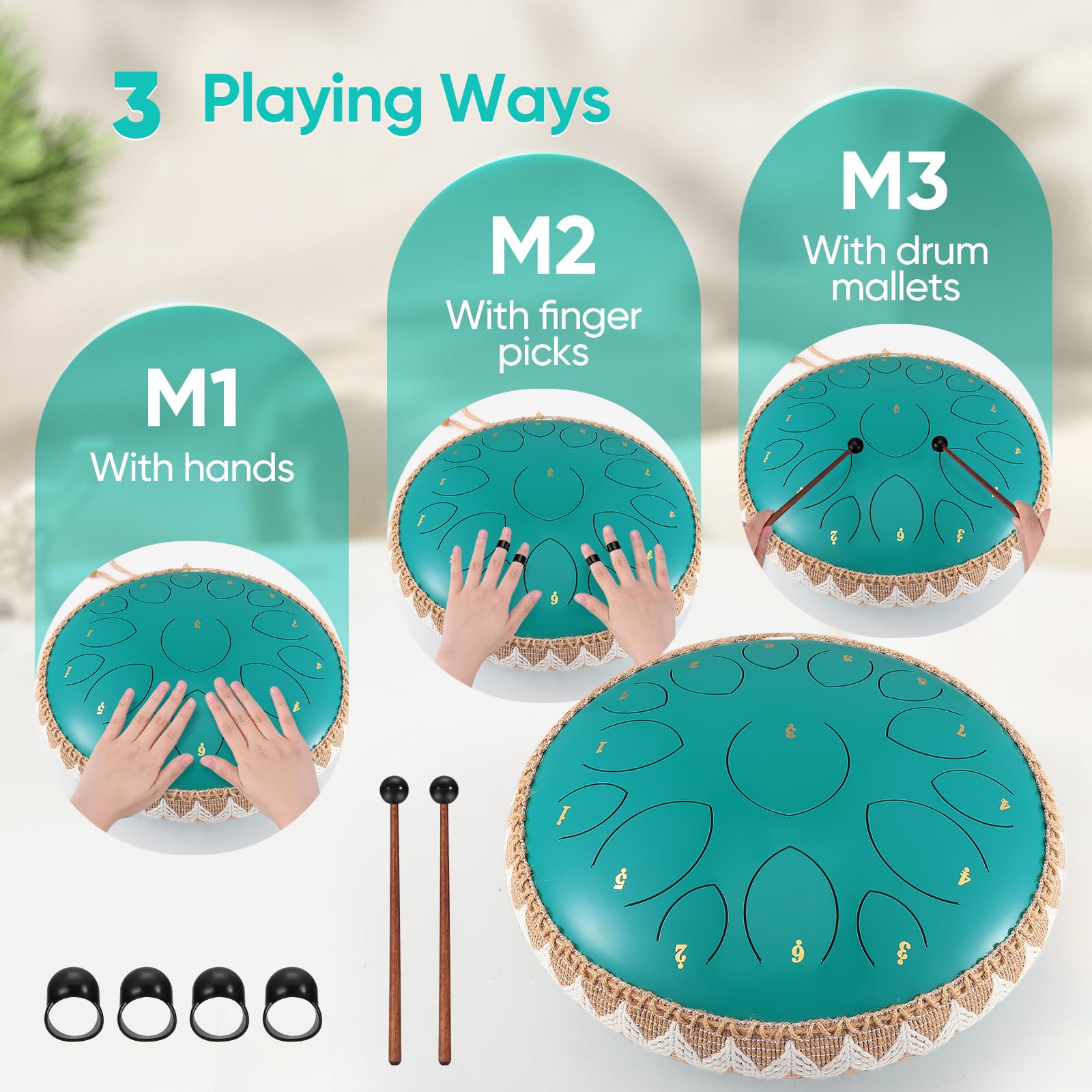 Tambor de Lenguetas de acero 14 pulgadas 15 notas Tongue Drums, Instrumento musical para niños, Handpan para Meditación, Relajación de Melomanas y Principiantes