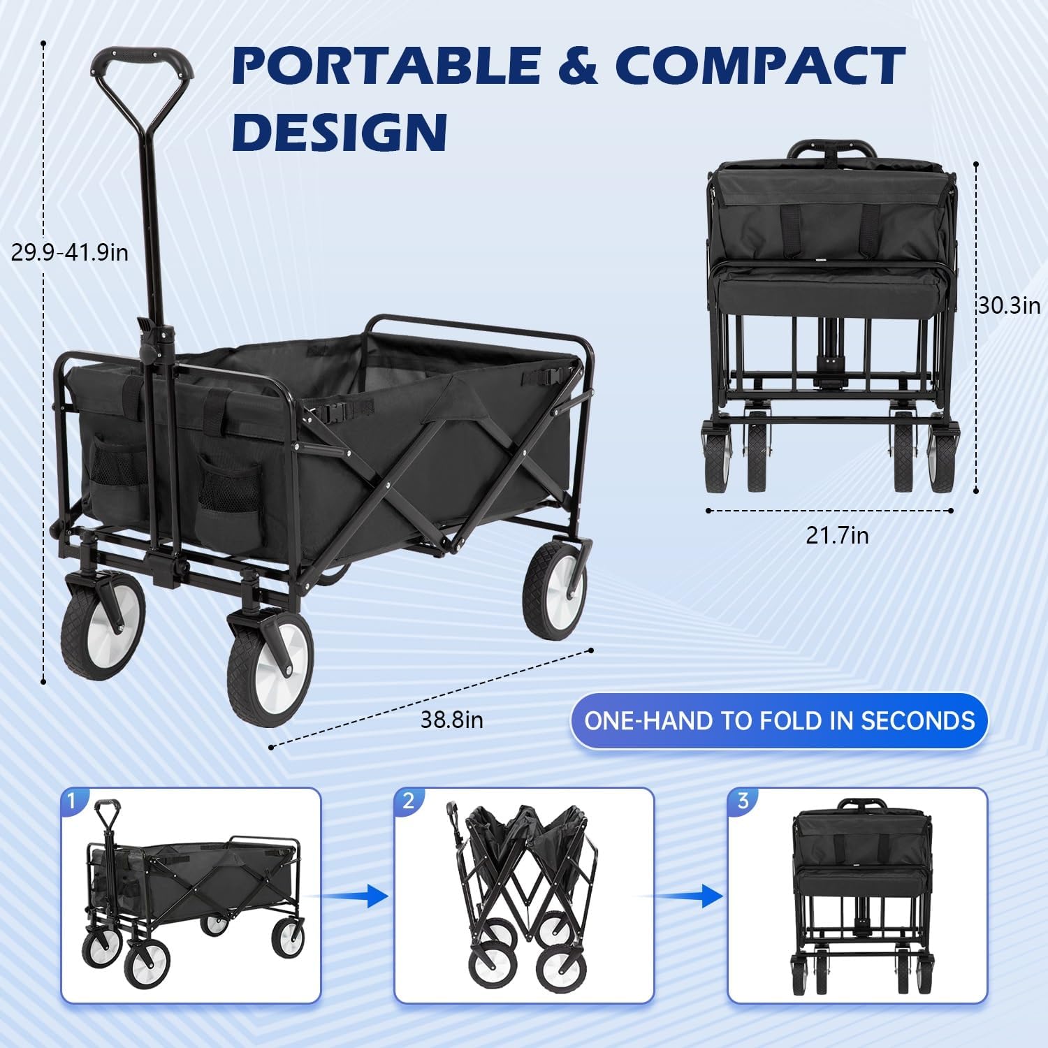 FDW 39''L Collapsible Wagon Cart, Heavy Duty Utility Folding Wagon for Outdoor Sports, 330 LBS Weight Capacity, Camping, Garden, and Shopping, Black