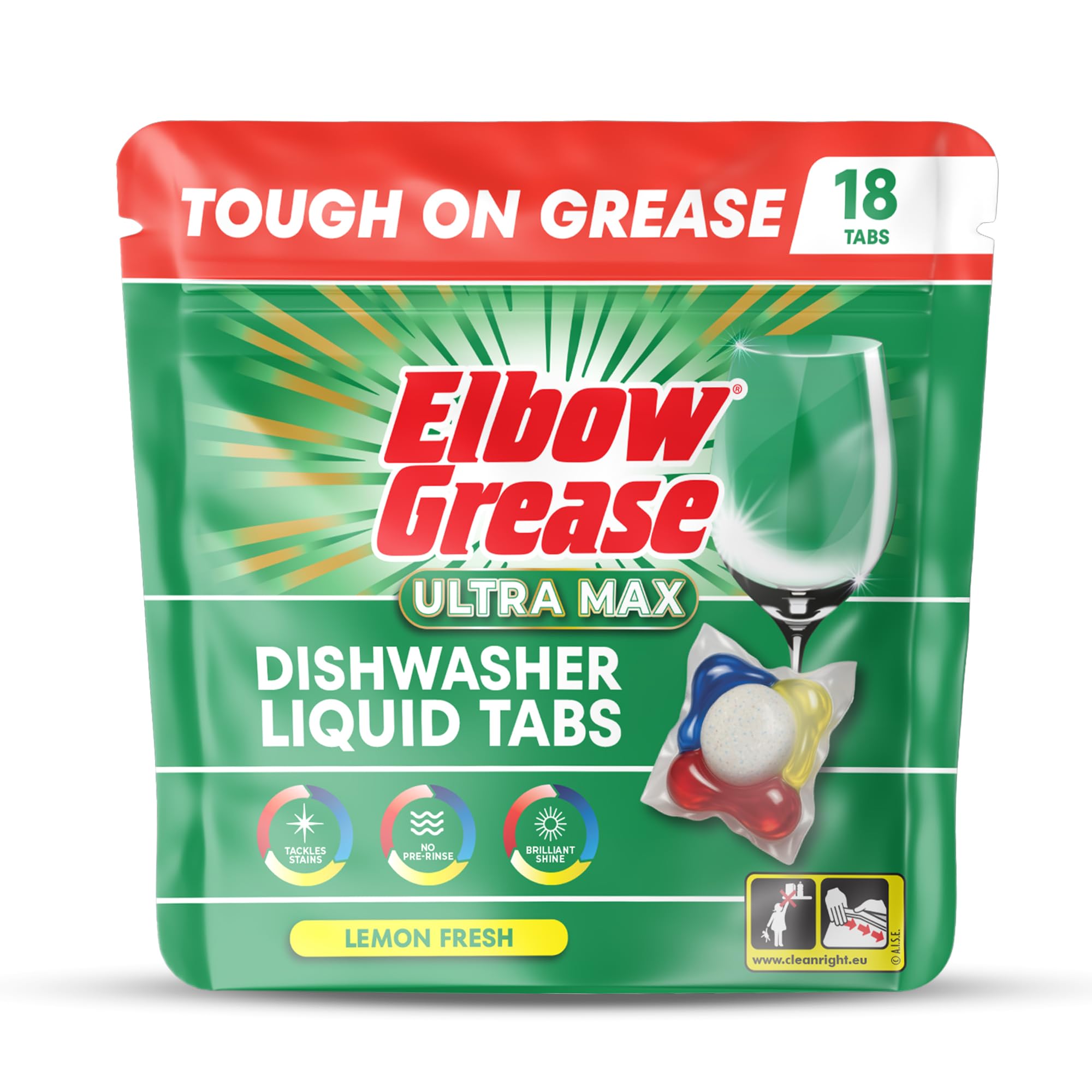 Elbow Grease Ultra Max Liquid Dishwasher Tablets | Tough on Grease & Brilliant Shine | Prevents Limescale | Powerful All-In-1 Clean (Lemon, 18 Tabs)