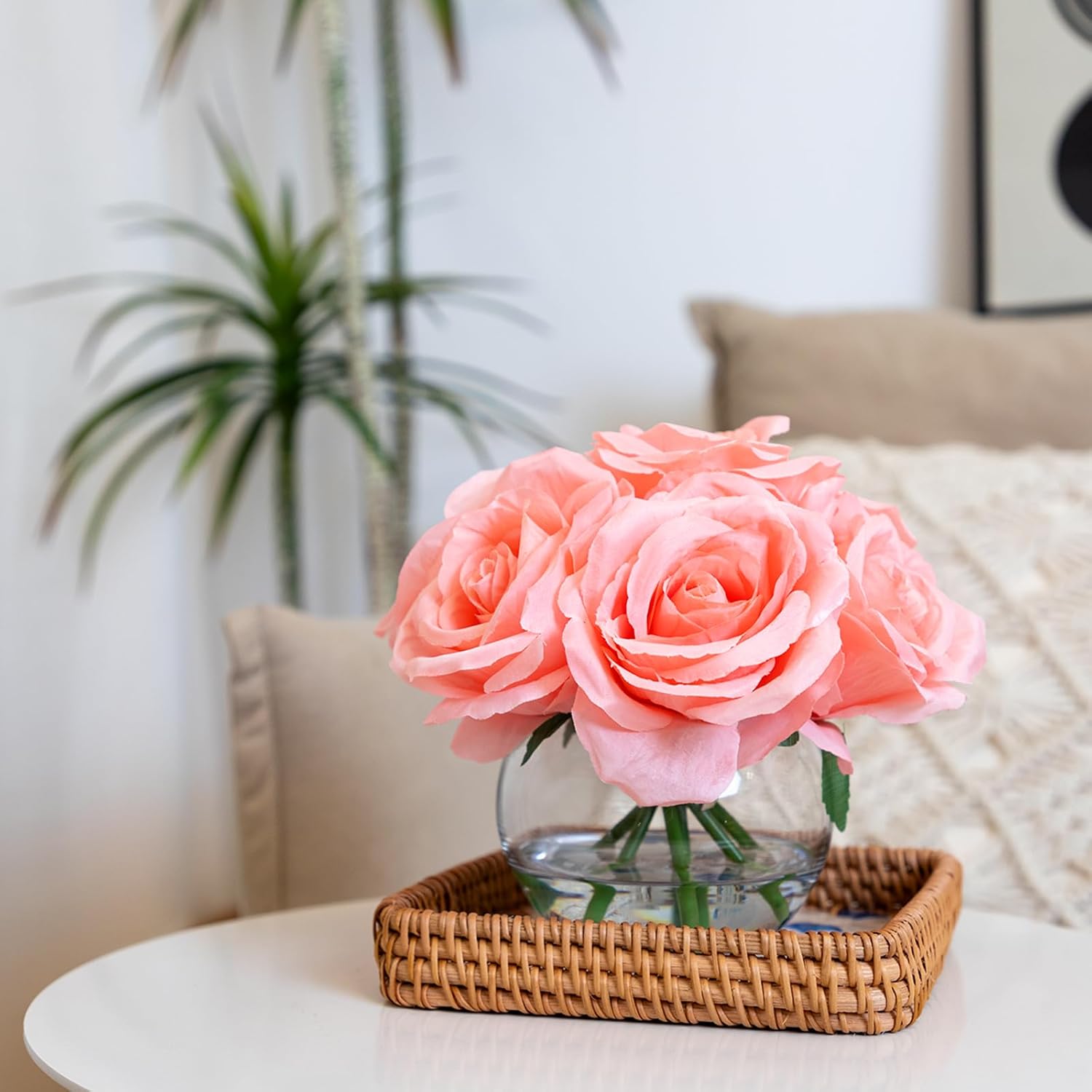 7 PCS Pink Rose Artificial Flowers with Vase Silk Fake Flowers Arrangements in Glass Vase with Faux Water for Home Bathroom Office Table Centerpiece Shelf Decorations (Pink)