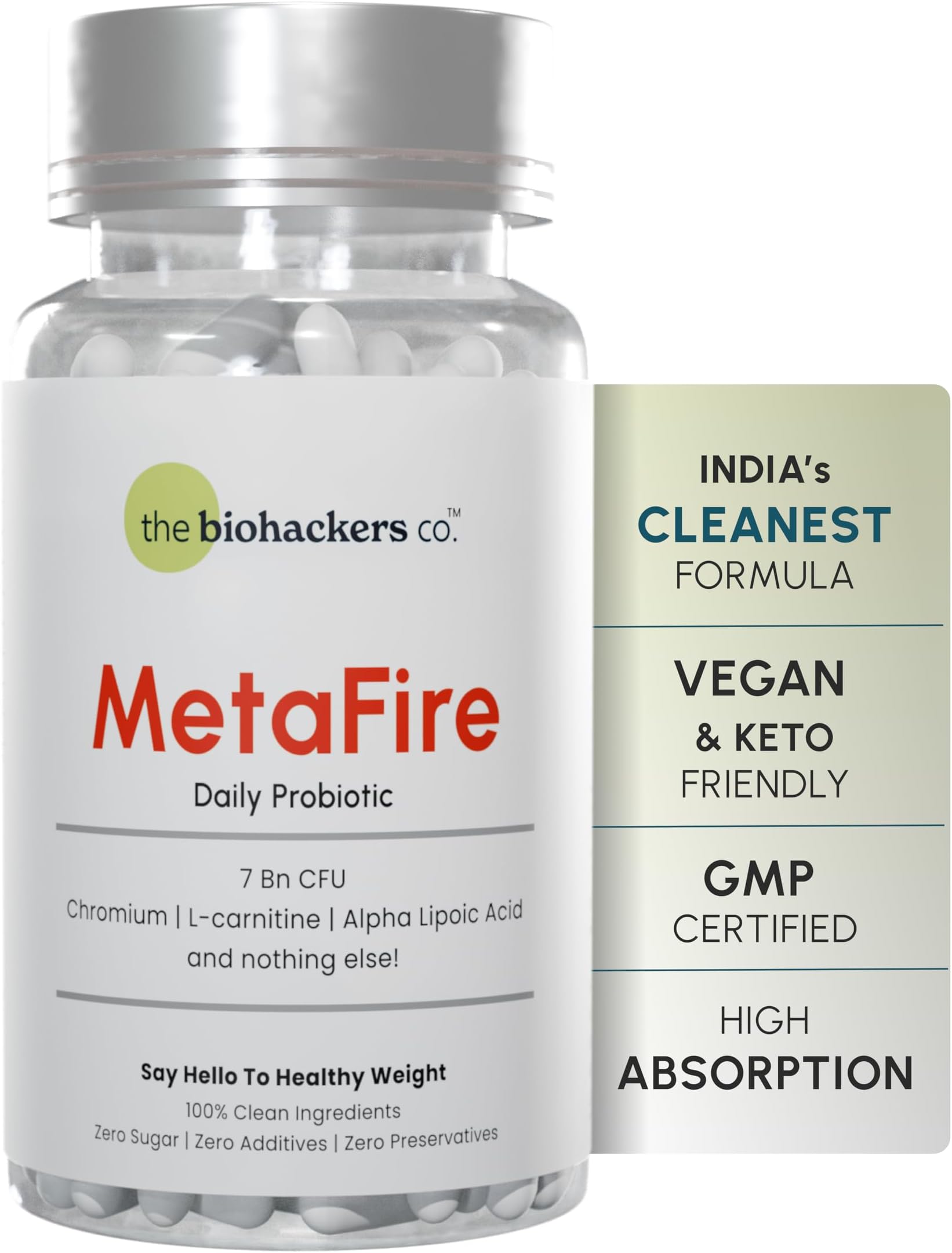 The Biohackers Co - 100% Clean -MetaFire Daily Probiotic | With L-Carnitine, Probiotics, Chromium, Alpha lipoic acid | Regulates Metabolism, food cravings & gut health | Pack of (1) | 30 Days Stack
