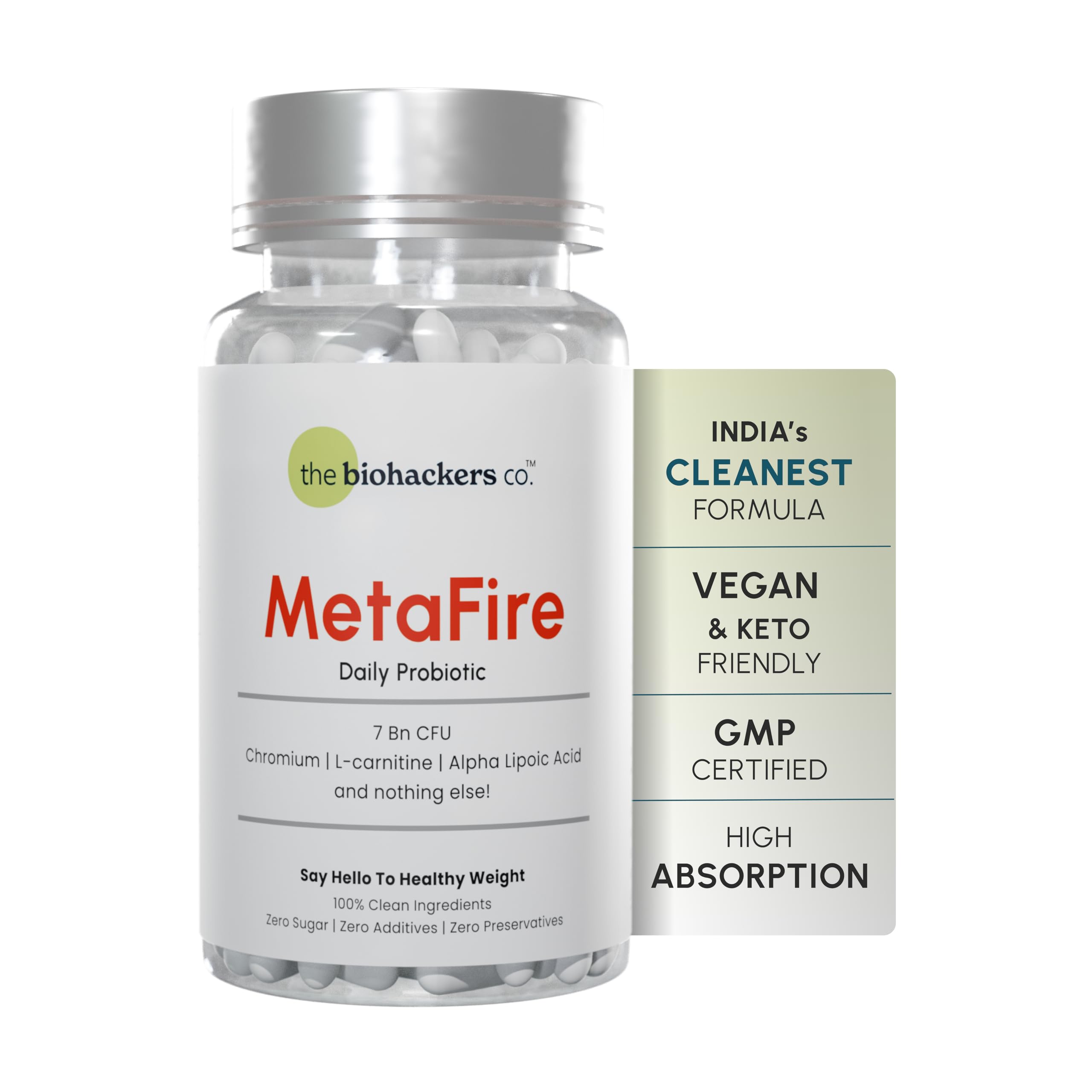 The Biohackers Co - 100% Clean -MetaFire Daily Probiotic | With L-Carnitine, Probiotics, Chromium, Alpha lipoic acid | Regulates Metabolism, food cravings & gut health | Pack of (1) | 30 Days Stack