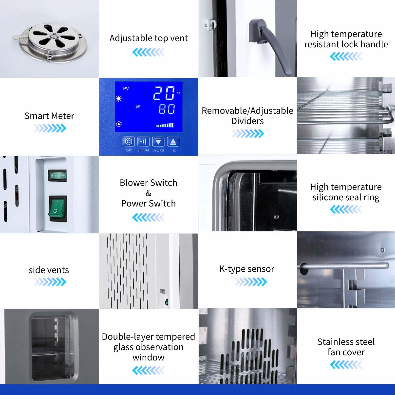 Horno De Secado por Aire Comprimido De 600W-Control Temperatura PID,Horno Laboratorio De Convección Aire Forzado para La Industria Química Y Electrónica,RT+5-300℃/220V-50Hz,Stainlesssteel
