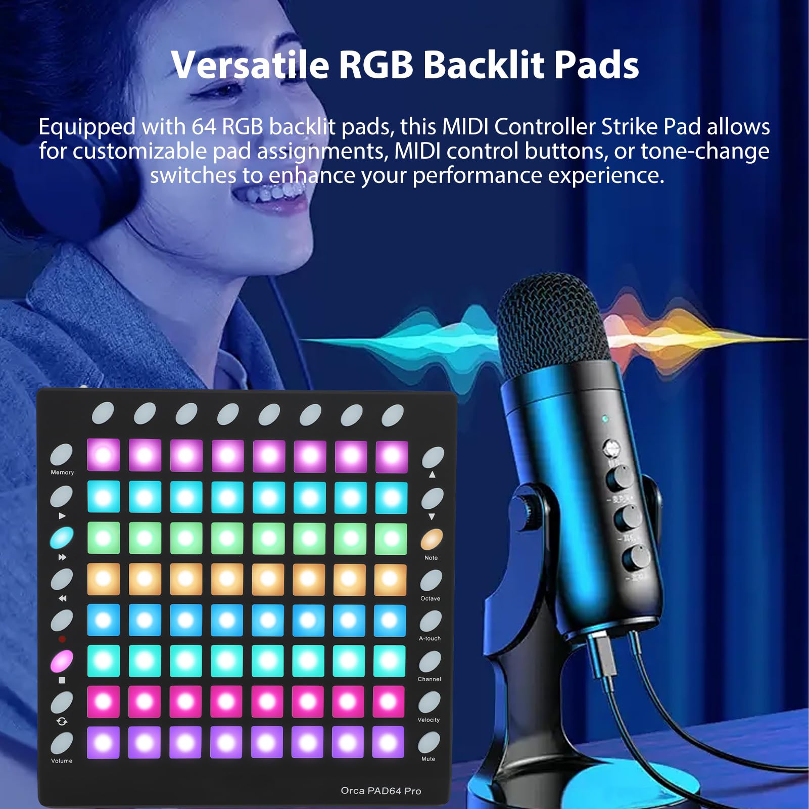 MIDI-Controller DJ-Pad mit RGB-Pads, 128 GM-Sounds, 8 Tasten, 6 Transportsteuerungen, Integrierter Editor für Live-Auftritte, Tragbares MIDI-Pad für Party-Bühnen, Metallic-Schwarz