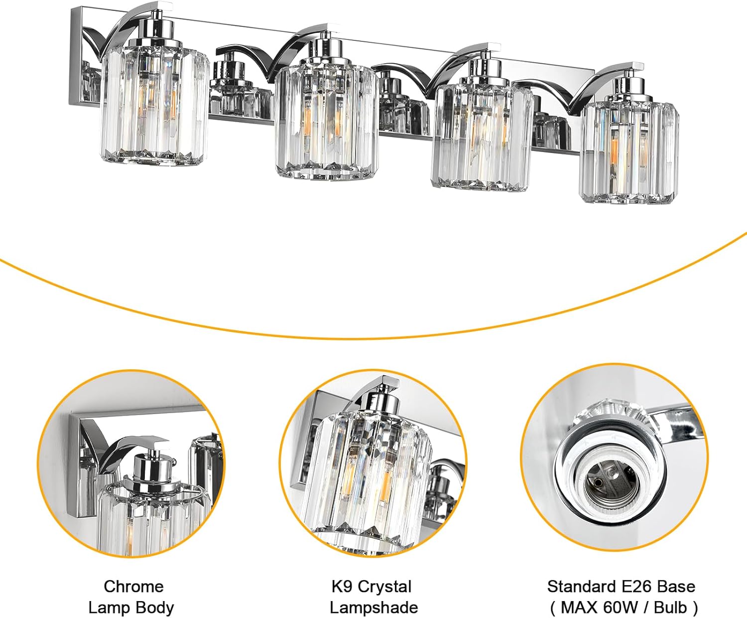 4 Lights Crystal Bathroom Vanity Light Modern Chrome Bathroom Light Fixture Bathroom Lighting Fixtures Over Mirror for Mirror E26 Base