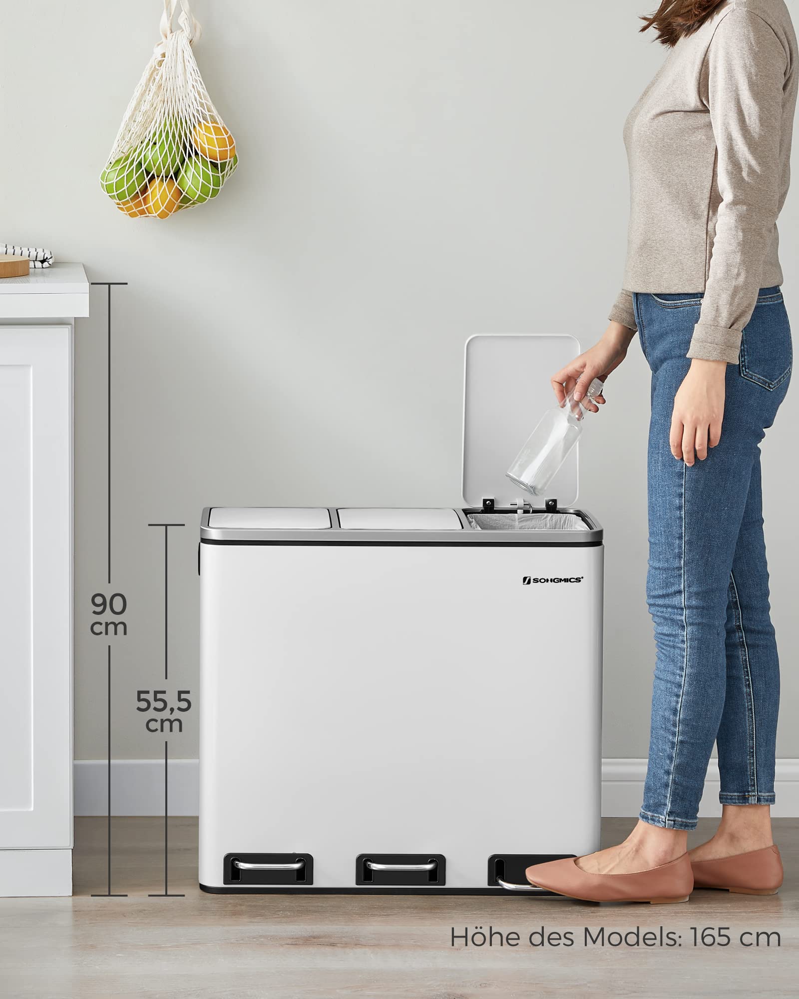 SONGMICS Mülleimer Küche, 3 x 18 L, Mülltrennsystem 3 Fächer, inklusive 15 Müllbeutel, Abfalleimer, Treteimer, für recycelbare Abfälle, Biomüll, mit Deckel, wolkenweiß LTB54WT