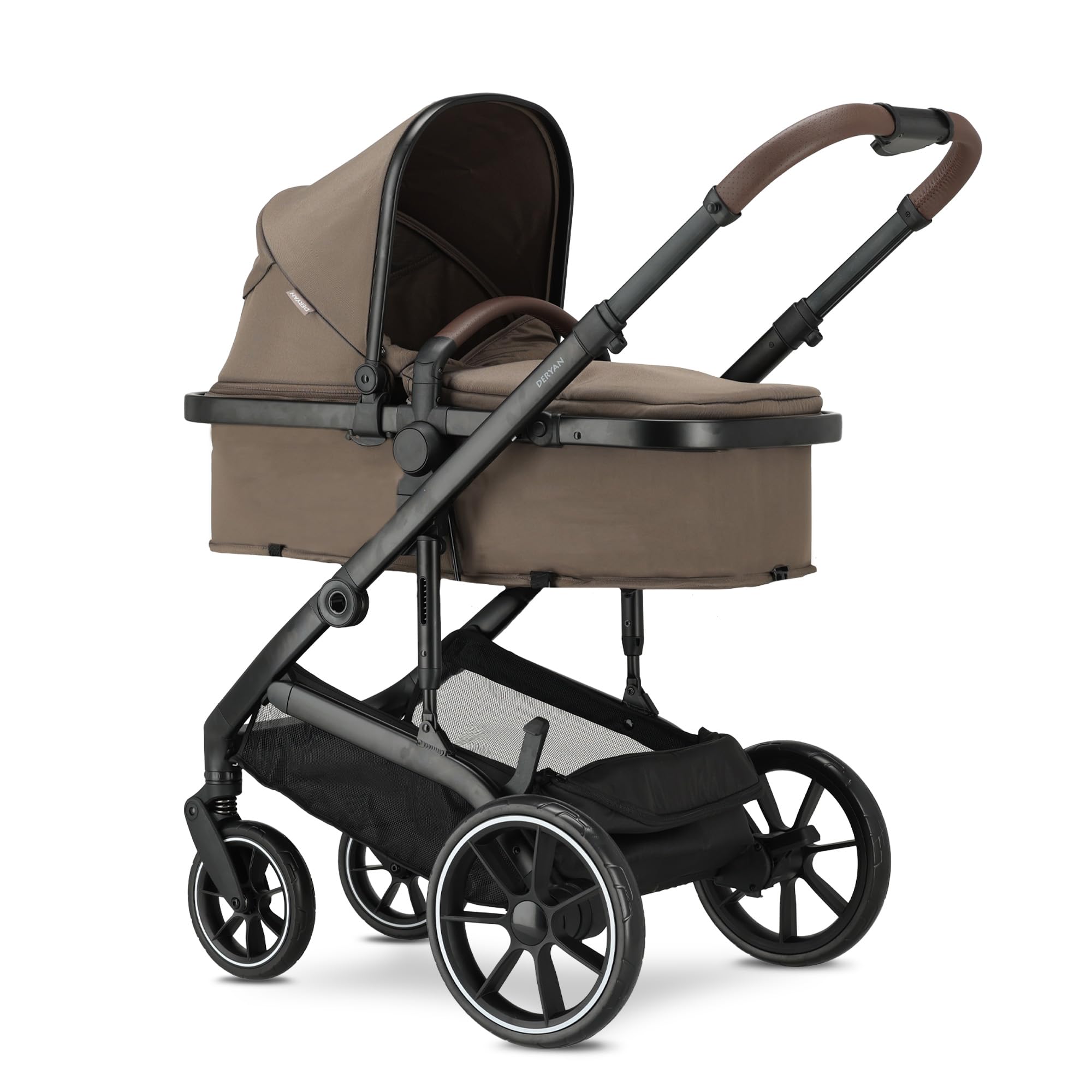 Deryan NOA Passeggino combinato 3 in 1, con seggiolino auto, passeggino multifunzione, con lettino, seggiolino sportivo e seggiolino, leggero e pieghevole, Nocciola