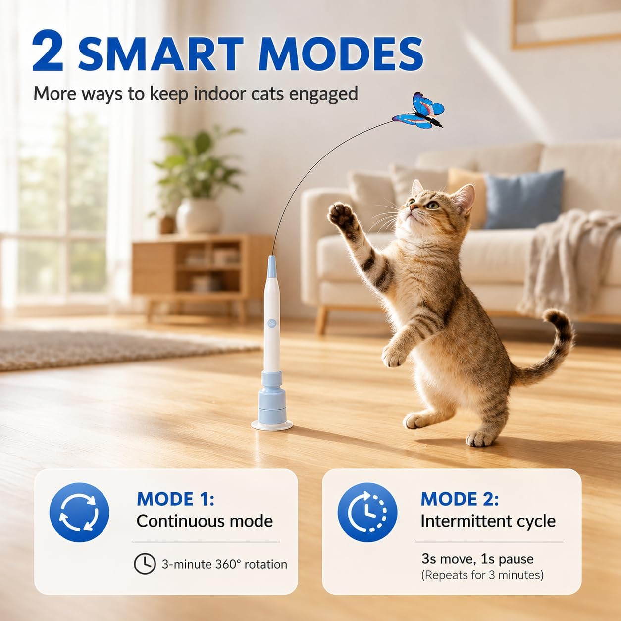 Rechargeable Butterfly Cat Toy for Indoor Cats, Electric Cat Wand with Suction Cup Base, 2 Play Modes, Self-Play & Handheld Cat Wand with 5 Cloth-Buckle Butterfly Refills, Blue