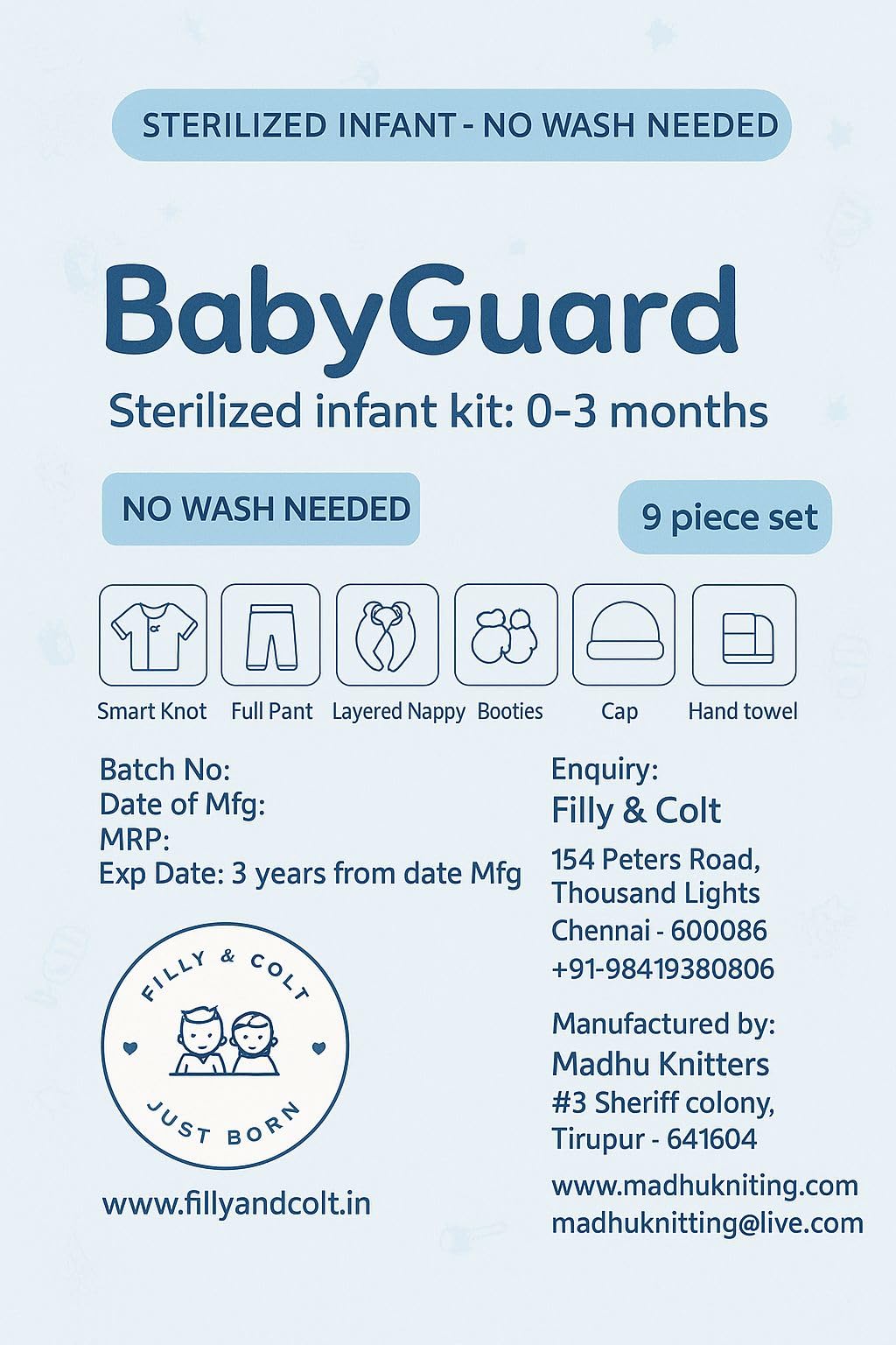 FILLY AND COLT "Sterilized Infant Kit – 9 -Piece Set| Includes Smart knot Top, Pant, Cap, Mittens, Booties, Layered nappy and Towel for unisex |100% cotton (BLUE, 0-4Months, 2.5 kg to 5.5 kg) 2