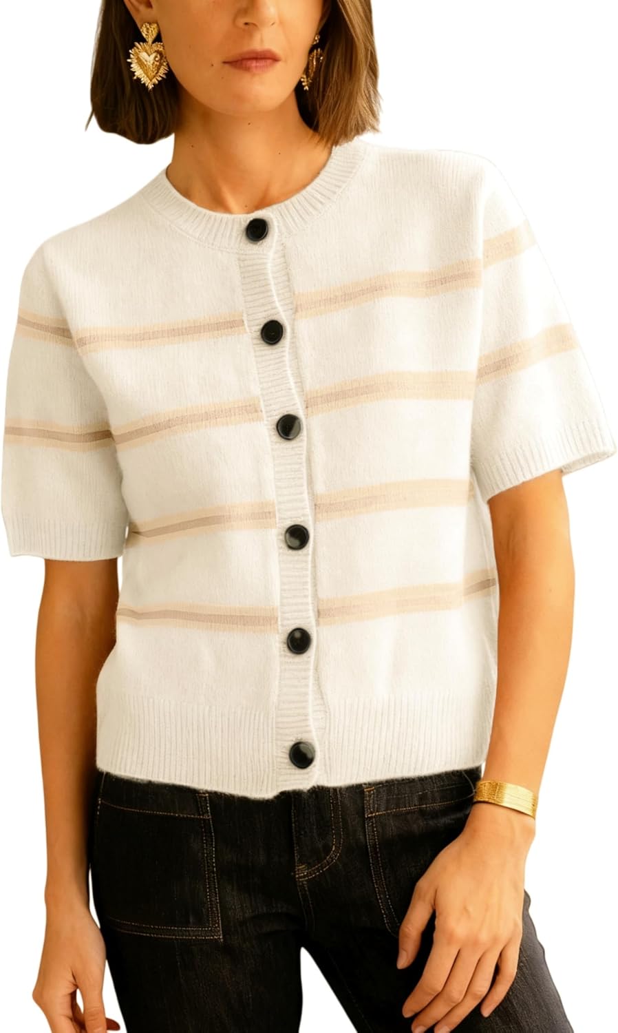 Lianlive Striped Cardigan Sweater for Women Casual Crewneck Short Sleeve Knit Tops Button-Down Fall Knitwear Cardigans